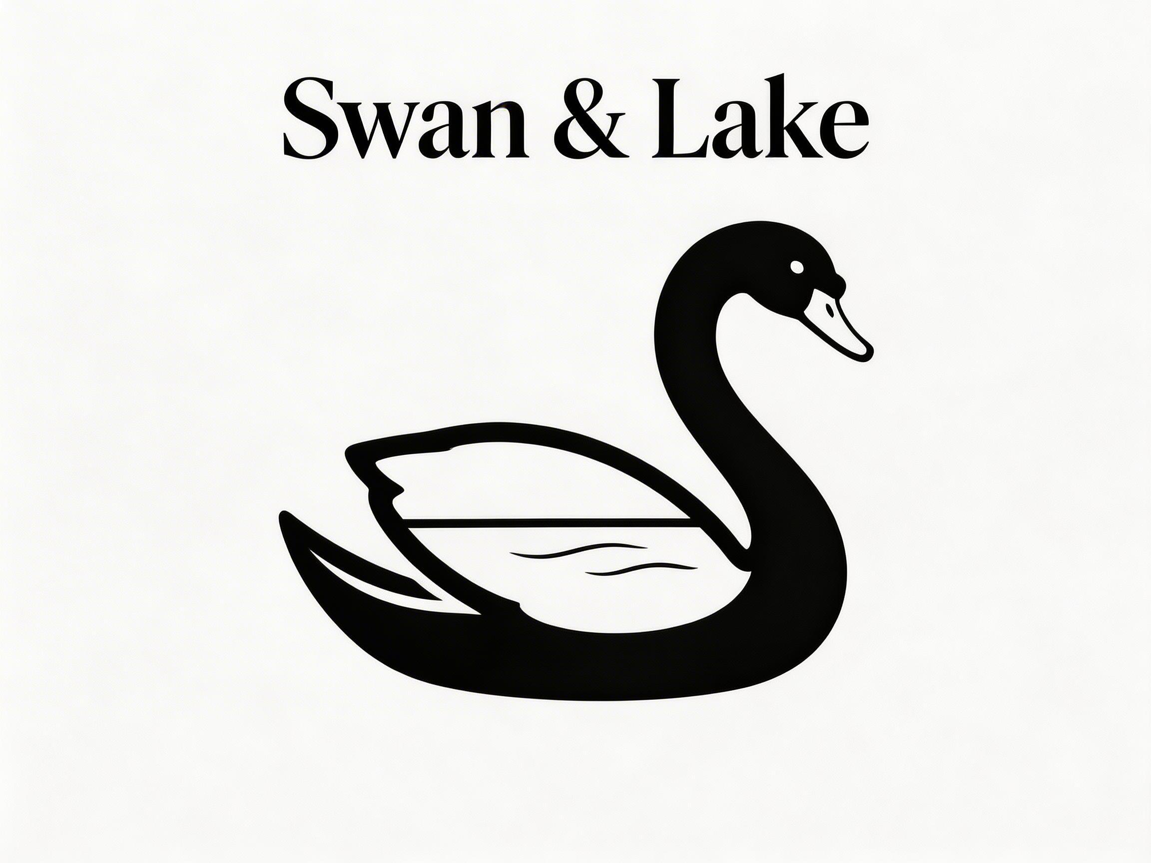 画面中展示了一张极简风格的平面设计图，背景为纯白色。图像上方印有黑色的衬线体文字“Swan & Lake”（天鹅与湖）。画面中心是一个黑白对比强烈的剪影图标，主体是一只向右侧头的天鹅。天鹅的颈部呈现优雅的S型曲线，身体部分通过巧妙的负空间设计，嵌入了一个半圆形的白色区域，其中带有几条简单的横线，象征着湖水。

在 AI 生成的细节方面，这张图片表现得相对规整，但仍存在一些细微的逻辑缺陷：天鹅背部的线条在连接处显得有些生硬，缺乏自然的羽毛质感；此外，作为负空间表现的“湖水”部分，其顶部的直线切断了天鹅身体的自然轮廓，使得躯干与翅膀的结构在解剖学上显得不够连贯。整体构图虽然简洁，但这种几何切割感带有明显的算法生成痕迹。