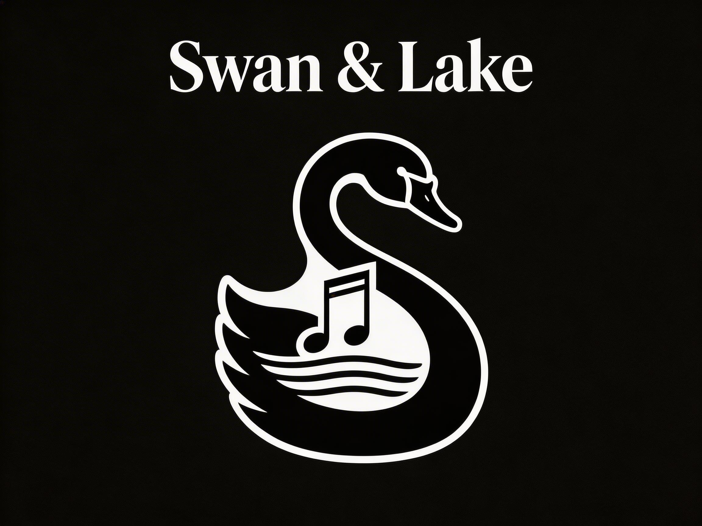 画面中展示了一张极简风格的黑白标志设计。背景为纯黑色，上方居中排列着白色衬线体文字“Swan & Lake”。画面中心是一个巧妙结合了多种元素的白色图标：天鹅的长颈弯曲成大写的字母“S”形状，身体部分则由几条波浪线组成，象征着湖水。在天鹅身体的负空间内，嵌入了一个黑色的双音符图案，寓意着音乐与艺术。整体构图简洁对称，视觉冲击力强。在 AI 生成的细节方面，可以观察到天鹅头部的线条略显生硬，喙部的轮廓不够平滑，且字母“S”的曲线在转折处存在轻微的厚薄不均。此外，音符下方的波浪线与天鹅羽毛的衔接处略显局促，缺乏自然的手绘流畅感。尽管如此，图像的文字拼写正确，整体设计意图表达得非常清晰。
