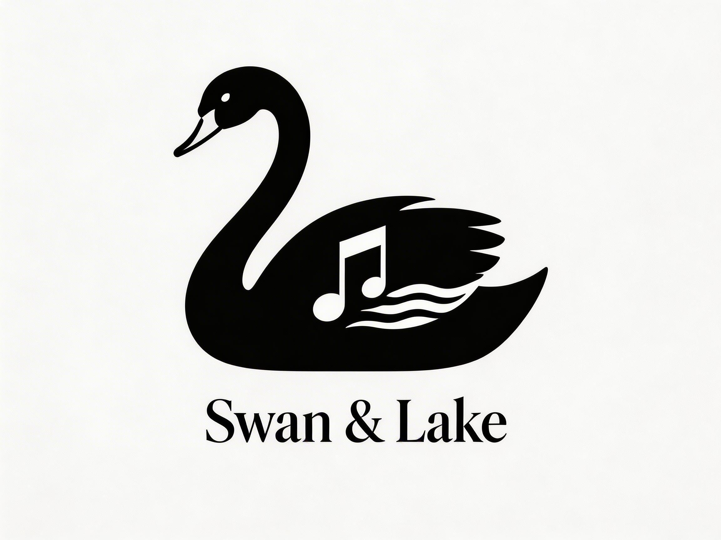 图中展示了一个极简风格的黑白标志设计，背景为纯净的米白色。画面中心是一只侧身浮水的黑天鹅剪影，其长颈弯曲成优雅的曲线，形似数字“2”。天鹅的翅膀部位巧妙地镂空出了一个白色的音符符号，音符下方伴有三条波浪线，象征着水波。在图形下方，排列着黑色的衬线体文字“Swan & Lake”。整体构图平衡，视觉效果简洁明快。作为 AI 生成的图像，画面中存在一些明显的逻辑缺陷：天鹅翅膀处的音符结构不完整，左侧音符的符干与符头连接处显得生硬且比例失调；右侧音符则完全缺失了符头，仅剩下一段悬空的符干；此外，下方的波浪线与音符的结合方式略显凌乱，缺乏自然的几何美感。