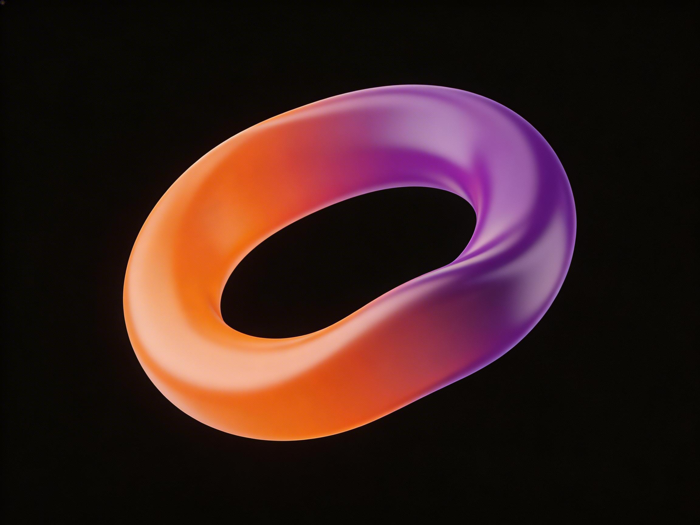 图中展示了一个悬浮在纯黑色背景中央的 3D 环状物体，形状类似于一个略微扭曲的圆环或甜甜圈。该物体具有平滑的磨砂质感，表面呈现出绚丽的渐变色彩：左侧为明亮的橙黄色，向右逐渐过渡为深邃的紫色和玫红色。光影效果柔和，环体表面有细腻的高光和阴影，增强了立体感。构图简洁，环体呈倾斜角度放置，营造出一种动态的悬浮感。在 AI 生成的细节方面，虽然整体形态较为完整，但仔细观察可以发现环体的内侧边缘在颜色过渡处略显生硬，且环的粗细分布并不完全均匀，存在轻微的几何形变，这使得它看起来更像是一个柔软、可塑的有机体而非完美的几何圆环。此外，画面背景带有轻微的噪点感，这是 AI 生成图像中常见的纹理特征。