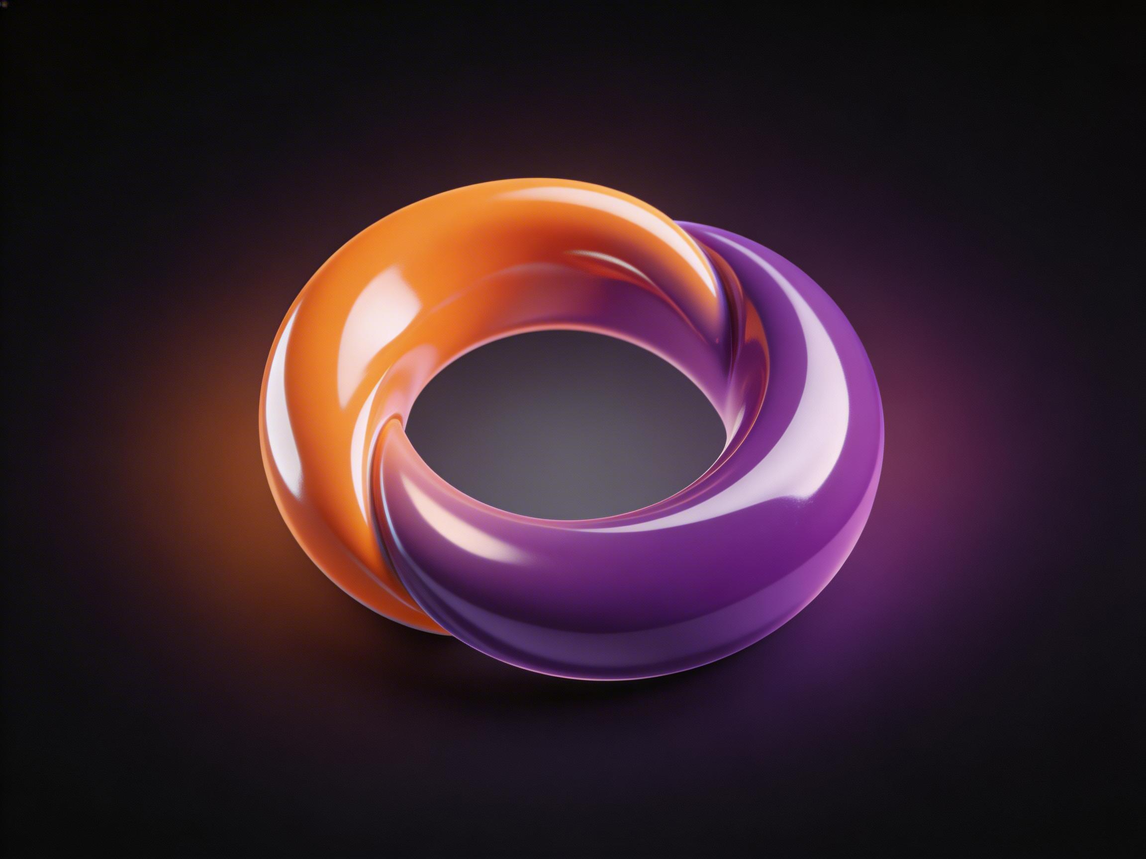 画面中展示了一个悬浮在深色背景中央的 3D 环状几何体。这个环由橙色和紫色两种颜色的流体质感材料交织而成，表面呈现出极高光泽的镜面反射效果，仿佛由光滑的陶瓷或液态塑料制成。构图简洁，光影聚焦在物体本身，左右两侧分别散发出微弱的橙色和紫色环境光晕，增强了立体感。然而，作为一张 AI 生成的图片，画面存在明显的逻辑缺陷：橙色与紫色部分的交汇处结构异常，它们并非自然地缠绕或融合，而是呈现出一种物理上不可能实现的相互穿透和断裂感，尤其在环的内圈和左侧结合部，线条转折生硬且缺乏合理的空间遮挡关系。此外，物体表面的高光分布略显杂乱，未能完全遵循统一的光源逻辑。