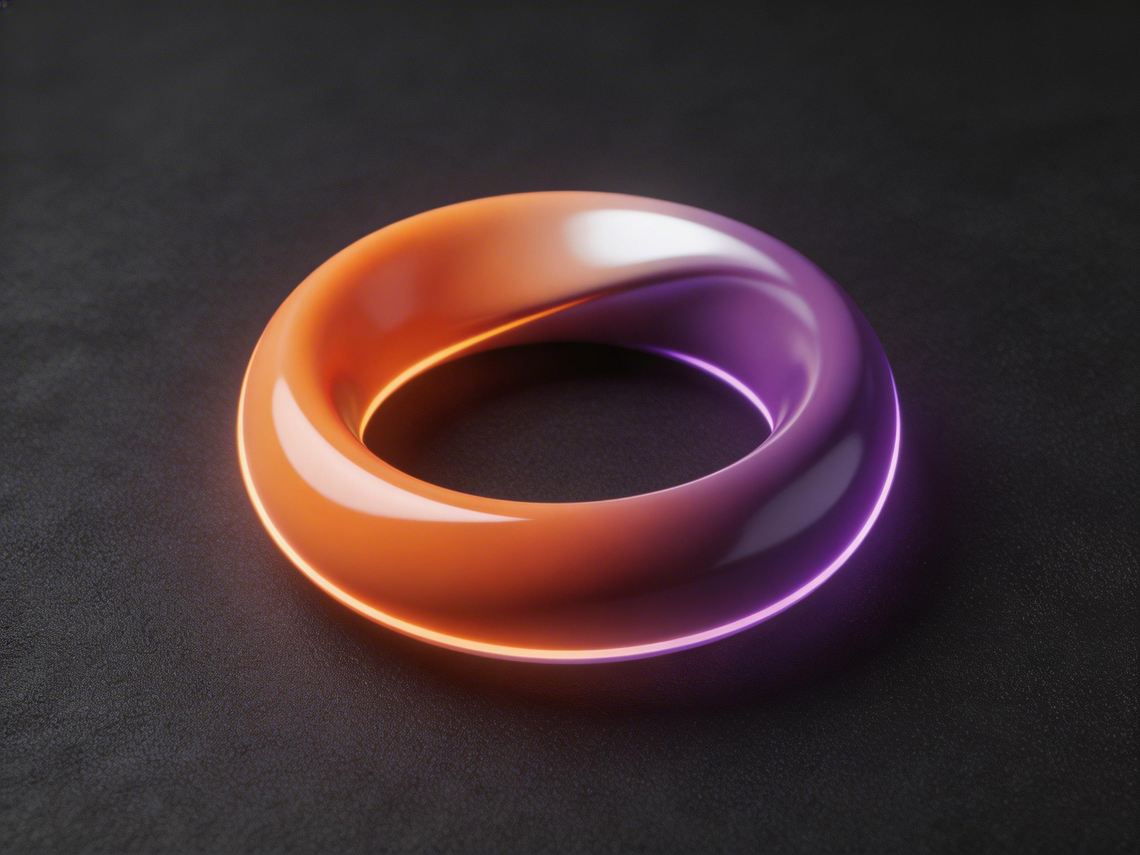图中展示了一个具有平滑质感的发光圆环，它静止在一个带有细微颗粒感的黑色磨砂平面上。这个圆环呈现出一种莫比乌斯环般的扭转结构，表面光洁如玉，反射着柔和的高光。颜色上，圆环呈现出迷人的渐变效果：左半部分是明亮温暖的橙红色，右半部分则过渡为深邃神秘的紫色。光芒从圆环底部溢出，在黑色背景上投射出淡淡的彩色光晕，营造出一种极简主义的科技感。

从 AI 生成的角度观察，画面整体非常简洁，但在细节处存在一些逻辑异常。圆环的内侧转折处线条过于模糊，导致其几何结构在透视上显得有些不自然，仿佛内外表面在某些角度发生了不合理的融合。此外，圆环底部与平面的接触位置缺乏真实的物理阴影，使得这个物体看起来像是漂浮在表面之上，而非真实放置。左上角边缘处还隐约出现了一个微小的杂色光点，属于常见的 AI 渲染噪点。