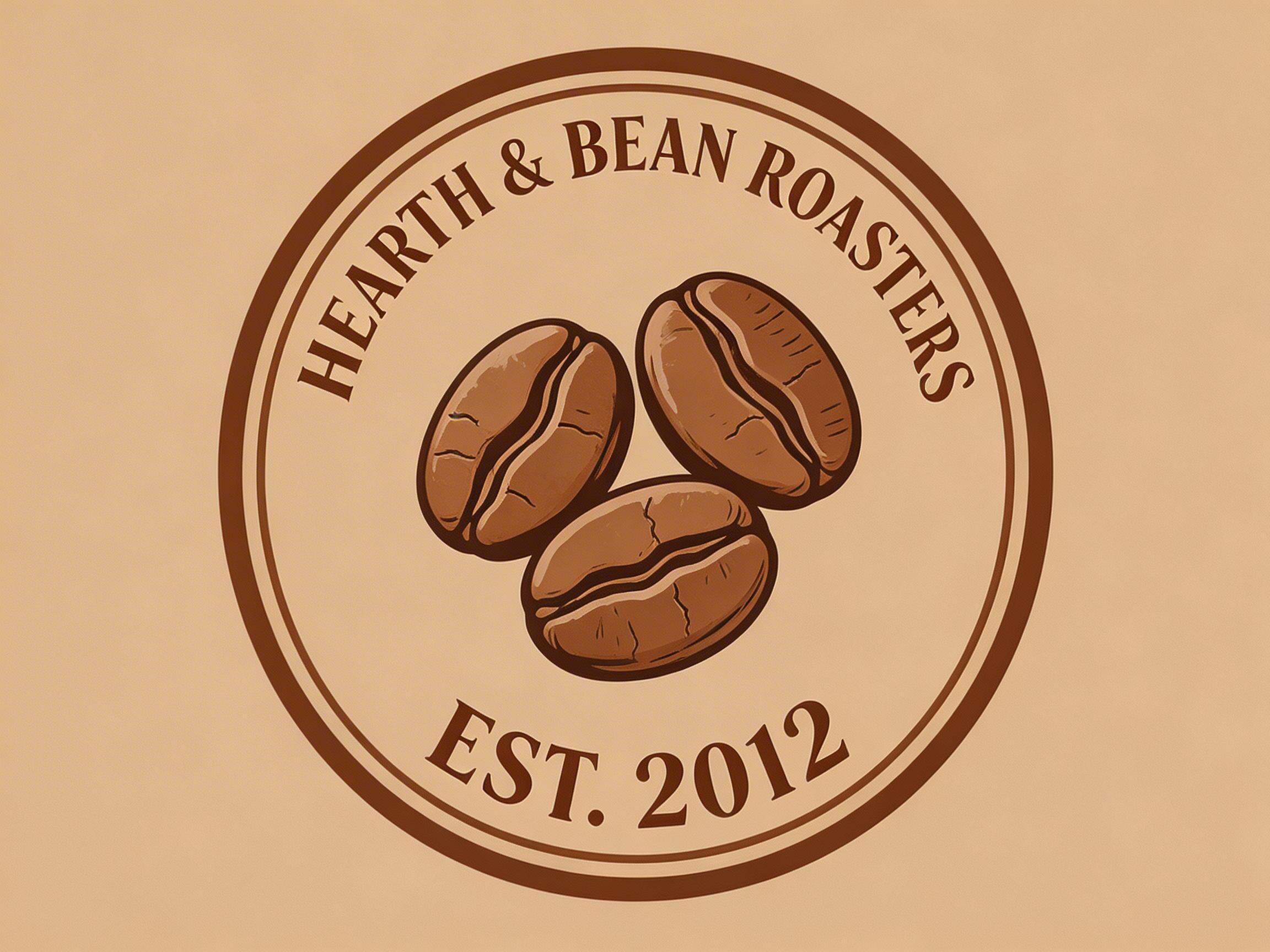 图中展示了一个圆形的咖啡品牌标志，整体采用复古的棕褐色调。圆形徽标由深棕色的双线边框包围，中心位置绘制了三颗饱满的咖啡豆，呈三角形排列。咖啡豆表面有细腻的纹理和高光，表现出烘焙后的质感。圆环上方弧形排列着棕色的衬线体文字“HEARTH & BEAN ROASTERS”，下方则是“EST. 2012”，意为该品牌成立于2012年。背景为均匀的浅米色，给人一种温暖、古朴的视觉感受。在 AI 生成的细节方面，可以观察到右侧咖啡豆上的裂纹线条略显生硬且分布不自然，与真实的咖啡豆缝隙有所出入；此外，文字的边缘在放大后略显模糊，部分字母的粗细比例存在微小的透视不一致，但整体构图完整，具有较好的商业设计感。