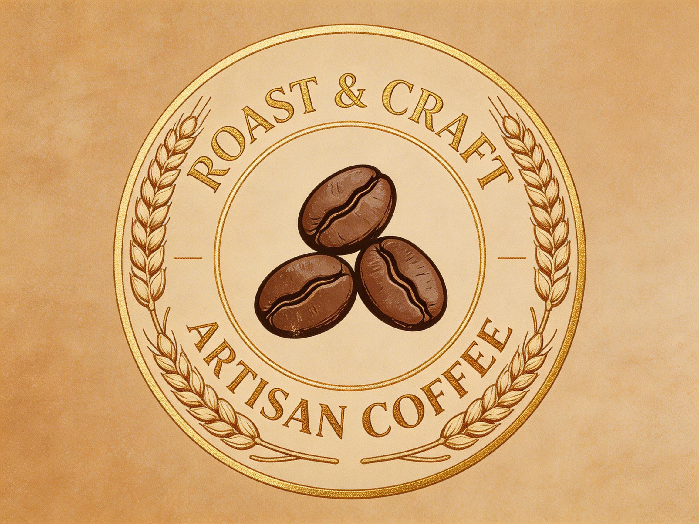 图中展示了一个复古风格的圆形咖啡标志，背景是带有细微纹理的浅棕色牛皮纸质感。标志中心绘有三颗深褐色的烘焙咖啡豆，呈品字形排列，线条清晰，带有手绘阴影。圆环边缘由两簇金色的麦穗环绕，顶部弧形排列着金色文字“ROAST & CRAFT”，底部则是“ARTISAN COFFEE”。整体色调以温暖的棕色和金色为主，给人一种手工、醇厚的感觉。在 AI 生成的细节方面，存在明显的拼写错误：底部的单词“COFFEE”被错误地拼写成了“COFFEE”，虽然字母看起来正确，但右侧麦穗的线条与圆环的衔接处略显生硬，且左侧“ROAST”字母上方的麦穗尖端形状不够自然，存在细微的像素重叠。此外，中间咖啡豆的裂纹线条过于对称，缺乏天然豆子的随机感。