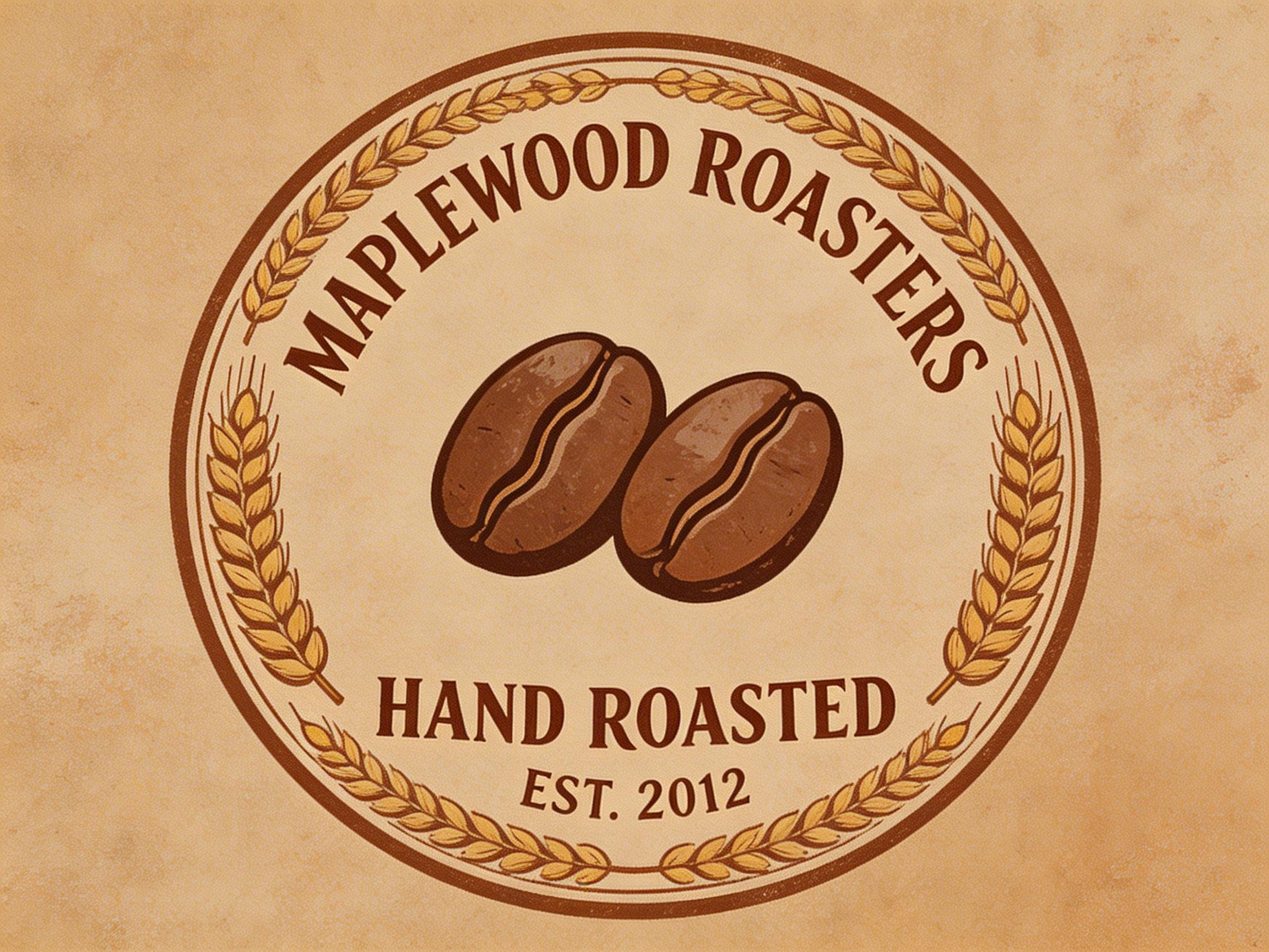 画面中展示了一个复古风格的圆形咖啡品牌标志，背景呈现出带有斑驳纹理的浅棕色牛皮纸质感。标志中心是两颗并排摆放的深褐色咖啡豆，线条简洁。圆环的边缘由金黄色的麦穗图案环绕，上方弧形排列着粗体大写字母“MAPLEWOOD ROASTERS”，下方则写有“HAND ROASTED”以及较小的年份标识“EST. 2012”。整体色调以暖棕、土黄和深褐为主，营造出一种手工烘焙的质朴感。在 AI 生成的细节方面，可以观察到明显的逻辑缺陷：左右两侧的麦穗在底部汇合处衔接不自然，线条出现了杂乱的交叉和断裂；同时，外圈的圆形边框粗细不均，且带有锯齿状的像素抖动。此外，文字虽然清晰，但部分字母的边缘存在轻微的溢色和形变，显示出非人工矢量绘图的痕迹。