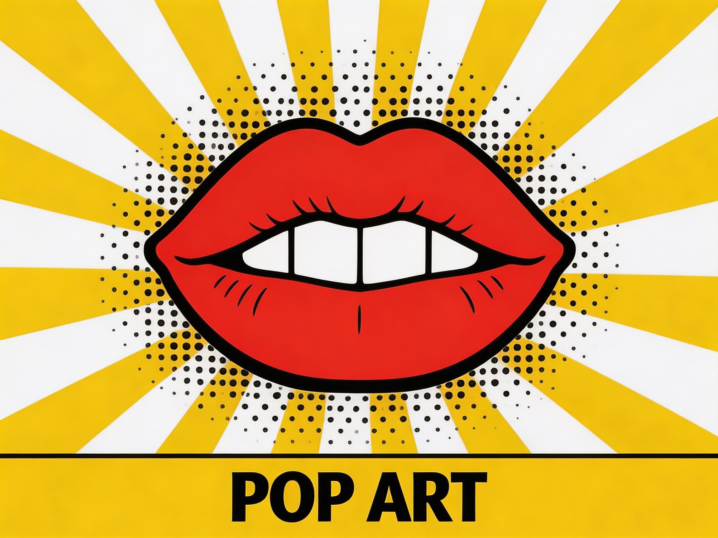 图中展示了一幅具有典型波普艺术风格的插画。画面的核心是一双鲜红色的厚实嘴唇，微微张开，露出内部整齐洁白的牙齿。嘴唇由粗重的黑色线条勾勒，呈现出夸张的漫画感。背景采用了放射状的构图，由明亮的黄色和白色条纹交替组成，并点缀着波普艺术中常见的黑色半色调圆点。画面底部有一条粗黑横线，下方黄色区域印有黑色的“POP ART”大写英文字体。

在 AI 生成的细节方面，存在一些明显的逻辑缺陷：首先，嘴唇内部的牙齿结构异常，中间的牙缝并没有对准人中的中心位置，且牙齿的形状过于方正，缺乏自然的解剖结构；其次，嘴唇上的纹理线条分布略显生硬且不对称；此外，背景中的黑色圆点分布不均，部分圆点出现了重叠或模糊的现象，放射状条纹的边缘在与嘴唇交界处也略显毛糙。整体色调鲜艳夺目，视觉冲击力强，但细节处理上带有明显的程序合成痕迹。