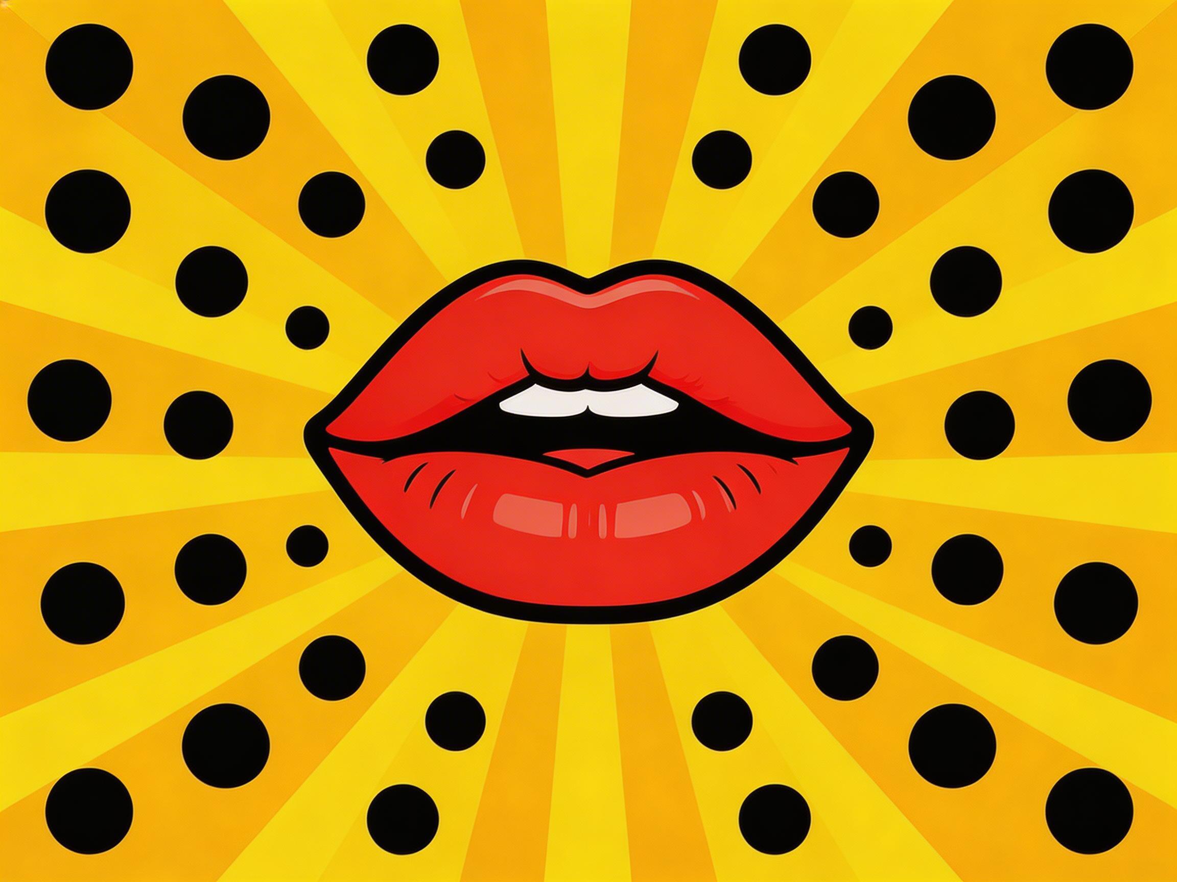 图中展示了一幅波普艺术风格的插画。画面的中心是一双鲜红色的厚实嘴唇，微微张开，露出上排洁白的牙齿，边缘带有粗重的黑色轮廓线，极具视觉冲击力。背景由明亮的黄色和橙色交替的放射状线条组成，仿佛从中心向外散发光芒。在背景之上，散布着许多大小不一的黑色实心圆点，营造出一种复古漫画的网点效果。从 AI 生成的细节来看，存在一些逻辑上的瑕疵：上嘴唇的内缘线条显得有些杂乱且不对称，牙齿的形状缺乏自然的生理结构，更像是平滑的白色块。此外，背景中的黑色圆点分布规律较为随意，部分圆点的边缘不够圆润，呈现出轻微的锯齿感，这些特征体现了 AI 在处理矢量风格图形时的典型局限。
