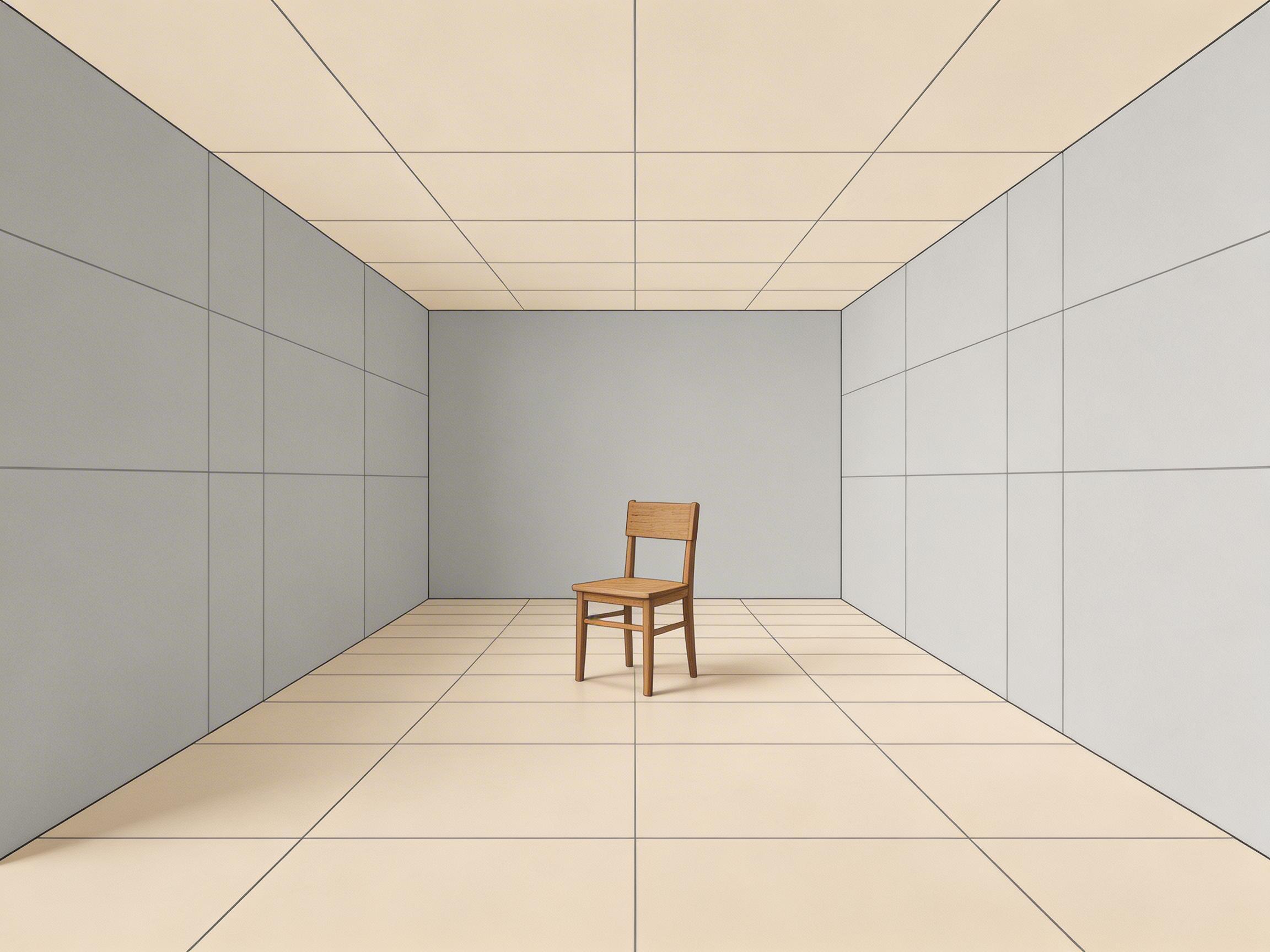 图中展示了一个极简主义风格的封闭室内空间，构图呈现出强烈的对称透视感。房间的地面和天花板由淡米色的正方形大理石或瓷砖铺就，左右两侧墙壁则是浅灰色的矩形板材，正前方是一面纯灰色的背景墙。在房间的中心位置，孤零零地摆放着一把原木色的木质靠背椅，椅子带有简单的横向靠背和四条细长的腿，在地面上投下淡淡的阴影。整体色调冷淡、克制，营造出一种超现实的空旷感。在 AI 生成的细节方面，存在明显的透视和逻辑缺陷：天花板、地面与墙面的网格线条在远处的交汇处并不完全吻合，线条出现了错位和断裂；椅子的结构也略显异常，左侧椅腿与座面的连接处模糊不清，且椅腿在地面上的受力点与地砖缝隙的透视关系不一致，使得椅子看起来像是漂浮或嵌入在地面之上。