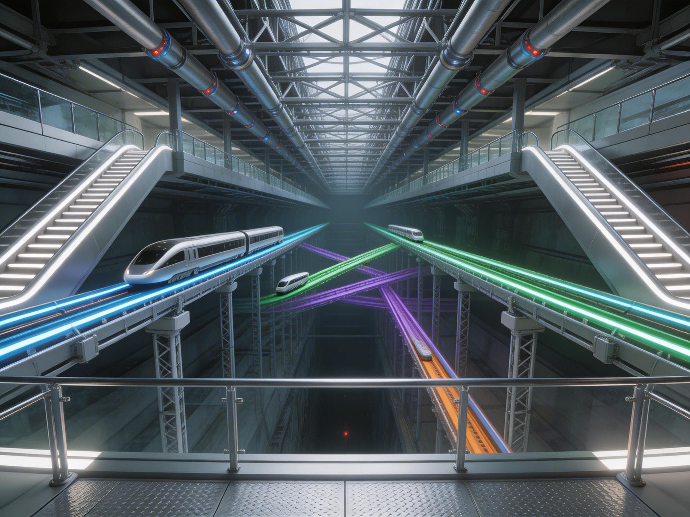 图中展示了一个充满科幻感的未来主义地下交通枢纽。画面采用对称式构图，视角从高处的观景平台向下俯瞰，深邃的中心区域被多条纵横交错的悬浮轨道占据。这些轨道发出明亮的蓝色、绿色、紫色和橙色霓虹光芒，数辆流线型的白色高速列车正穿梭其间。空间上方覆盖着复杂的金属桁架和粗壮的管道系统，两侧设有发光的自动扶梯和多层站台。整体色调以工业银灰色为主，辅以鲜艳的轨道灯光，营造出一种冰冷而高效的科技氛围。

在 AI 生成的细节方面存在一些明显的逻辑缺陷：画面中央的彩色轨道交汇处结构混乱，轨道之间似乎直接穿透或生硬地重叠在一起，缺乏合理的物理支撑或道岔设计；远处的列车比例与近处不一致，显得过于微小；此外，右侧扶梯顶端的扶手与建筑结构的连接处显得模糊且不符合透视原理，部分金属支架的线条在阴影中出现了断裂和扭曲。