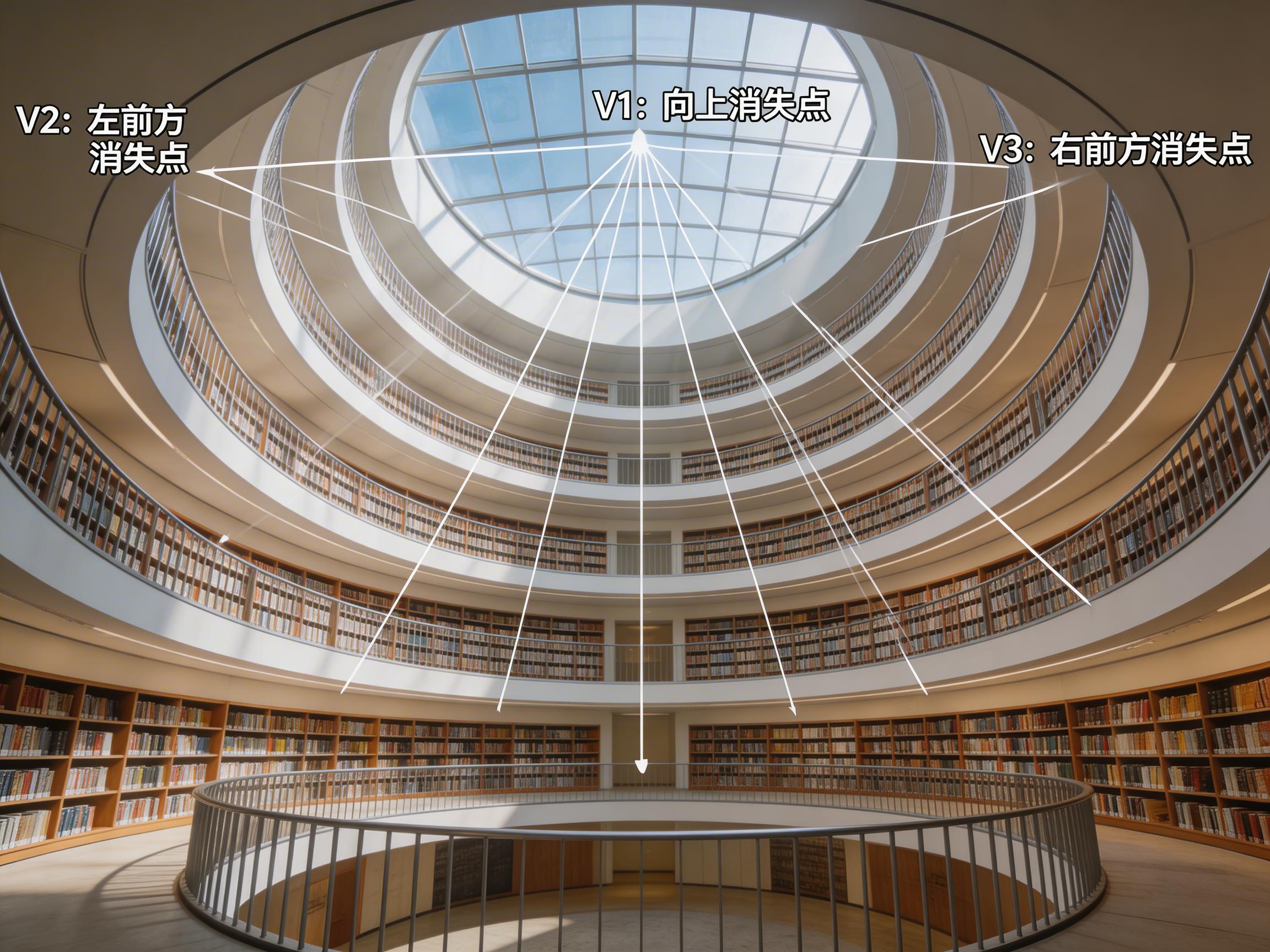 图中展示了一个宏伟的环形多层图书馆内部，采用仰视视角拍摄。画面中心是一个巨大的圆形玻璃天窗，透出明亮的蓝天白云。图书馆共有六层，每一层都整齐排列着装满书籍的木质书架，环绕着中心天井。整体色调以温暖的木色和明亮的白色为主，光线从顶部倾泻而下，营造出静谧而开阔的学术氛围。

画面中叠加了用于解释透视原理的白色线条和文字标注，分别指出了三个消失点：V1位于天窗中心，标注为“向上消失点”；V2和V3分别位于画面的左上方和右上方。作为一张 AI 生成的图片，其缺陷在于书架上的书籍细节模糊，呈现为重复且无意义的色块。此外，最底层的金属护栏在衔接处显得不够自然，部分阴影的投射方向与顶部单一光源的逻辑略有偏差，且标注文字的排版略显生硬。