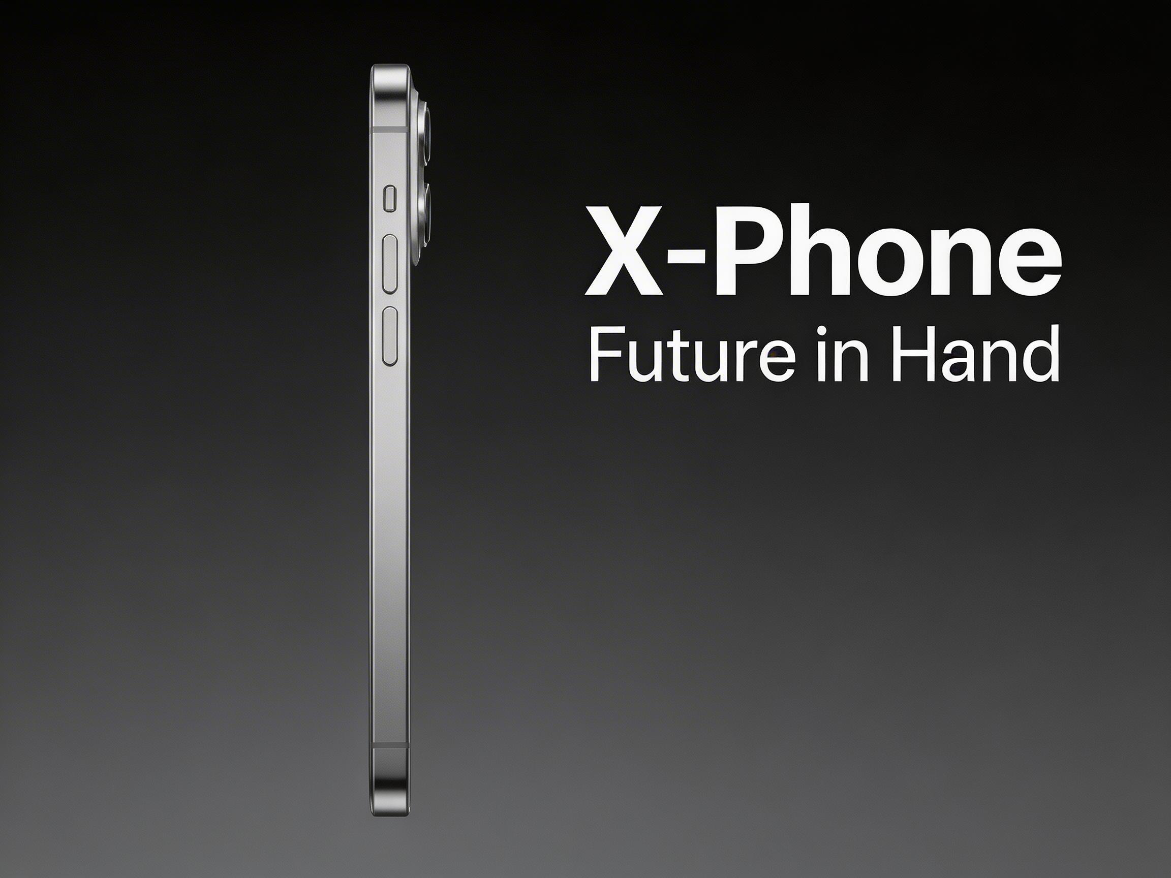 图中展示了一张极简风格的智能手机宣传海报。画面背景为深灰色的渐变，左侧垂直放置了一部银灰色金属质感的手机侧视图。手机边框呈现出拉丝金属的光泽，侧面分布着三个长短不一的椭圆形按键。画面右侧配有白色的无衬线字体文本，上方大字为“X-Phone”，下方小字为“Future in Hand”。整体构图简洁，强调科技感与工业设计。

在 AI 生成的细节方面，存在明显的逻辑缺陷：手机侧面的按键布局显得杂乱且不符合人体工程学，三个按键过于拥挤地堆叠在边框上部，且形状略显歪斜。此外，手机顶部的天线断层线与底部边缘的衔接处处理得不够自然，缺乏真实工业产品的严谨结构感。尽管文字清晰，但手机本身的物理细节在透视和比例上略显失真。