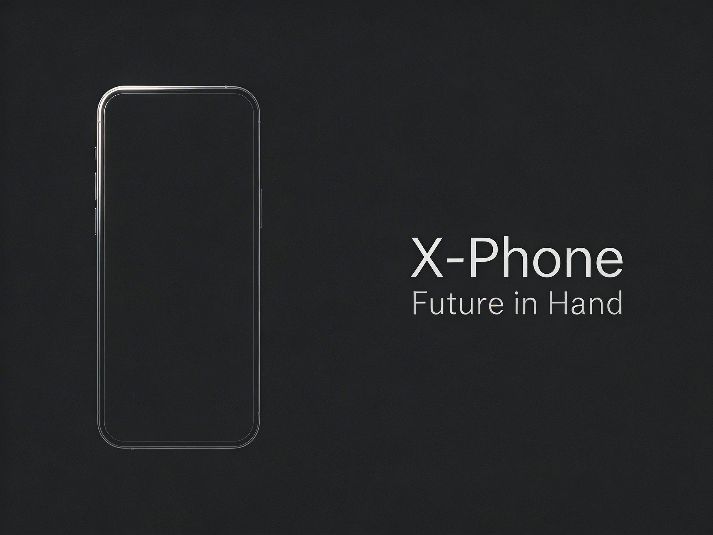 图中展示了一张极简风格的智能手机宣传海报。背景为纯净的深灰色，带有细微的磨砂质感。画面左侧是一个垂直放置的智能手机轮廓，手机屏幕漆黑，边框呈现出细腻的银白色金属光泽，顶部边缘有一道明亮的亮线，模拟了光线照射在金属机身上的反光效果。画面右侧排列着白色的无衬线字体，上方较大的文字是“X-Phone”，下方较小的文字是其口号“Future in Hand”。

从 AI 生成的角度观察，画面整体构图规整，但在细节处存在一些逻辑缺陷：手机左侧边框上的按键位置显得模糊且不对称，缺乏真实的机械结构感；手机底部的圆角线条在精细度上略显不均匀，左下角的边缘处理有些生硬。此外，虽然文字拼写正确，但字母之间的间距（字间距）略显局促，缺乏专业排版的手工精致感。整体视觉效果虽然现代，但细节处仍带有 AI 生成的平滑感和逻辑缺失。