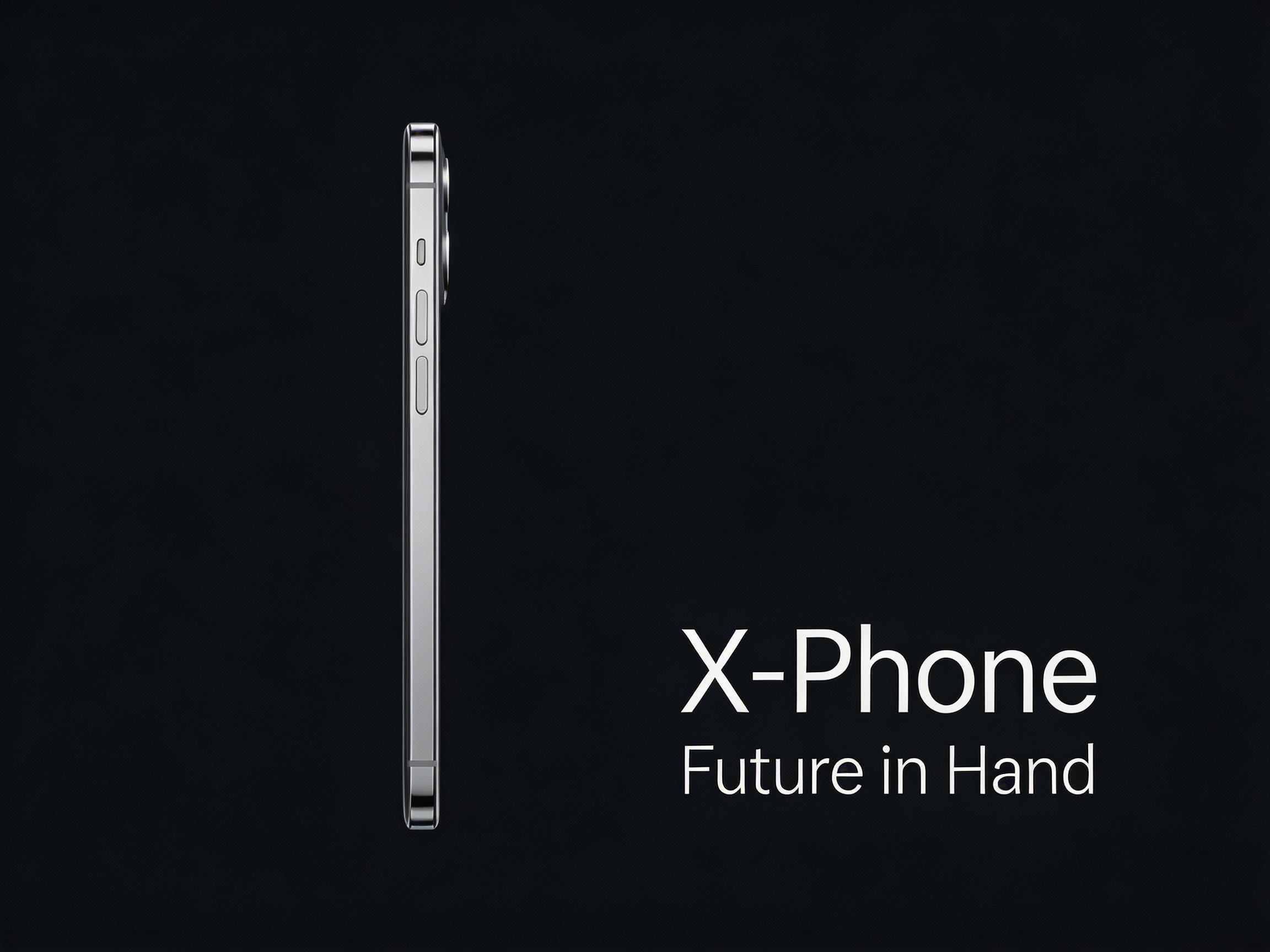 图中展示了一张极简风格的智能手机宣传海报。背景为纯黑色，画面左侧垂直放置了一部银色金属质感的手机侧视图，展现了其纤薄的设计。手机侧边分布着细长的按键和天线断带，金属边缘带有细腻的高光。画面右下角配有白色的无衬线字体文本，上方大字为“X-Phone”，下方小字为“Future in Hand”。

在 AI 生成的细节方面，存在一些明显的逻辑缺陷：手机侧边的按键布局显得杂乱且不符合人体工程学，出现了多个形状重叠、大小不一的椭圆形按钮，且缺乏明确的功能区分。此外，手机顶端和底端的金属切缝（天线位）看起来有些模糊且不对称。整体构图虽然模仿了高端科技产品的冷峻感，但侧边的细节处理暴露出其并非真实拍摄的工业产品。