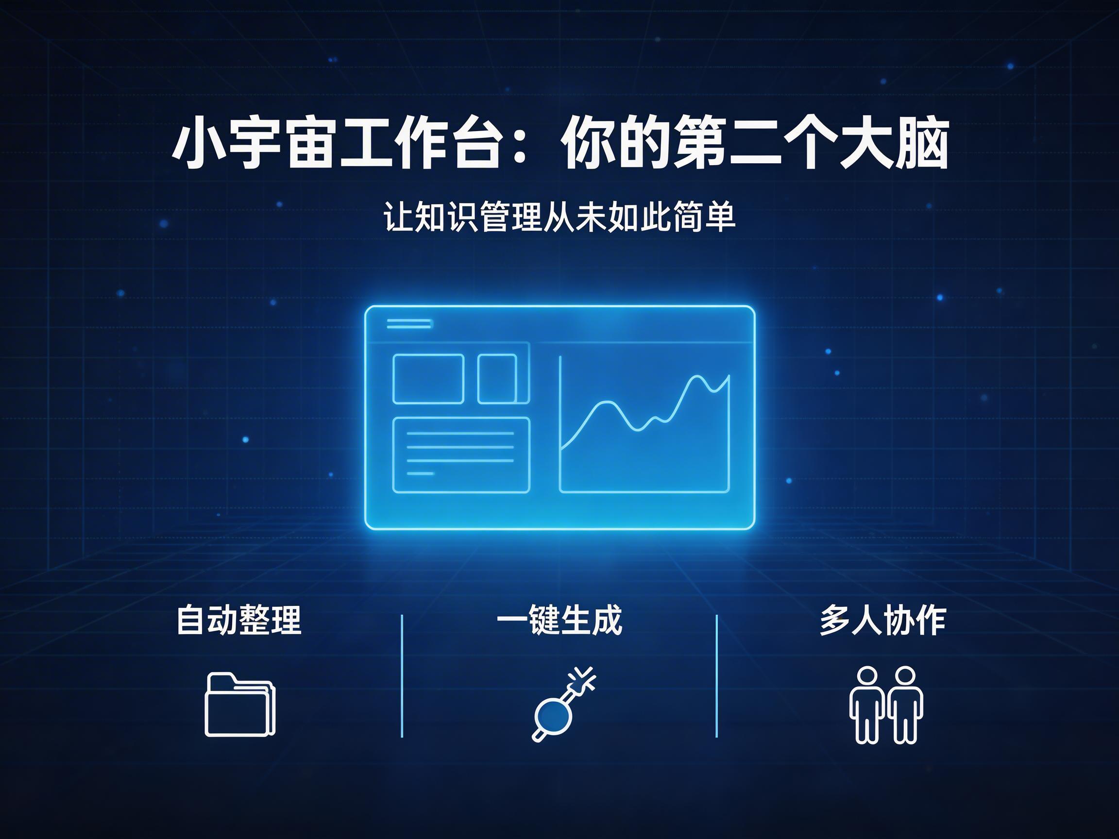 图中展示了一张科技感十足的蓝色调宣传海报，背景是带有深蓝色渐变和网格线的虚拟空间，点缀着零星的亮光。画面上方是醒目的白色标题“小宇宙工作台：你的第二个大脑”，下方配有副标题“让知识管理从未如此简单”。中心位置是一个发着淡蓝色荧光的矩形图标，模拟了电脑软件界面的轮廓，内部包含简单的线条、方块和折线图。画面底部排列着三个功能图标及文字，分别是“自动整理”配文件夹图标、“一键生成”配魔法棒图标，以及“多人协作”配双人图标。

在 AI 生成的细节方面，画面整体构图规整，文字清晰准确，没有明显的拼写错误。但在中心图标的细节处理上略显生硬，左侧的横线长短不一且排列略有歪斜，右侧的折线图转折处缺乏自然的逻辑感。此外，底部“一键生成”图标中的魔法棒线条略显破碎，发散的光芒线条长短不齐，呈现出 AI 在处理精细几何线条时常见的微小不规则感。