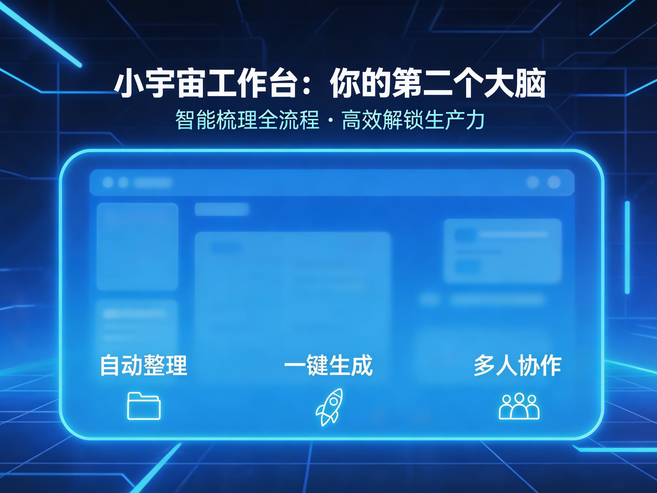 图中展示了一张具有科技感的蓝色调宣传海报，主题为“小宇宙工作台”。背景是深蓝色的电子电路纹理，带有发光的浅蓝色线条。画面上方是醒目的白色标题“小宇宙工作台：你的第二个大脑”，下方配有稍小的副标题。中心位置是一个巨大的发光蓝色圆角矩形框，模拟电脑窗口的样式，内部模糊地显示了一些UI界面元素。窗口底部排列着三个功能图标及文字：左侧是文件夹图标配以“自动整理”，中间是小火箭图标配以“一键生成”，右侧是三人头像图标配以“多人协作”。

在 AI 生成的细节方面，画面整体结构较为规整，但存在一些典型的 AI 痕迹：模拟窗口内部的 UI 布局非常模糊且不对称，左上角的圆点按钮分布不均；底部的“一键生成”图标中，小火箭的线条略显扭曲，不够圆滑；背景的电路纹理在边缘处显得有些杂乱，缺乏逻辑性的物理连接感。