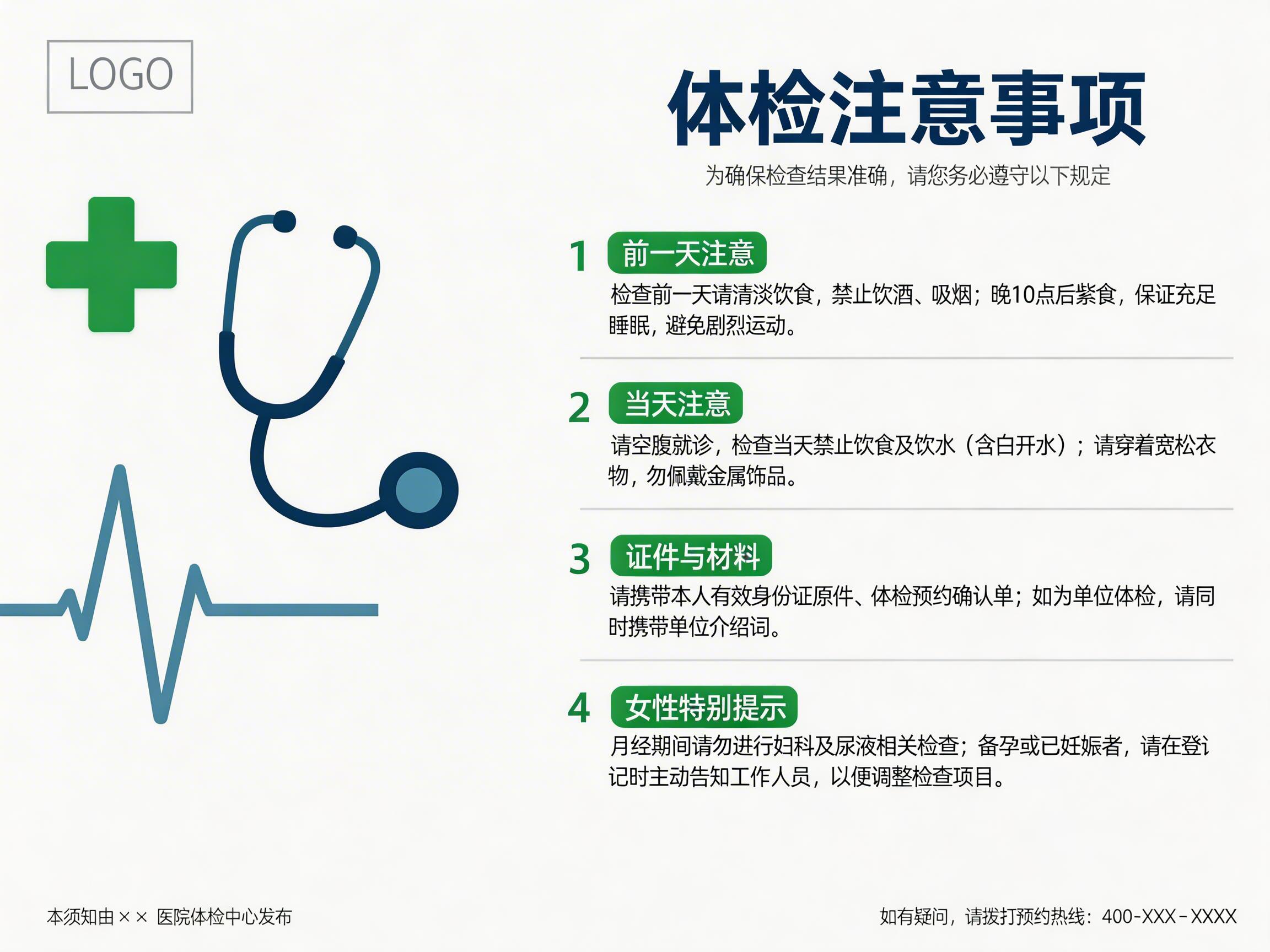 图中展示了一张以医疗体检为主题的告知海报，整体采用简洁的蓝白绿配色。画面左侧排列着三个医疗相关的矢量图标：最上方是一个绿色的十字标识，中间是一个深蓝色的听诊器，下方是一条蓝色的心电图波形线。画面右侧是核心文字内容，标题为大号加粗的“体检注意事项”，下方分四个条目详细列出了前一天、当天、证件材料及女性特别提示的规定。底部注有发布单位和预约热线。这张图片存在明显的 AI 生成缺陷：首先，文字中出现了多处错别字，例如将“禁食”误写为“紫食”，将“登记”误写为“登讠”；其次，左上角的“LOGO”占位符和底部的电话号码均为模板化占位符，未填充实际内容；此外，心电图的线条转折处略显生硬，缺乏真实的医学图表逻辑。