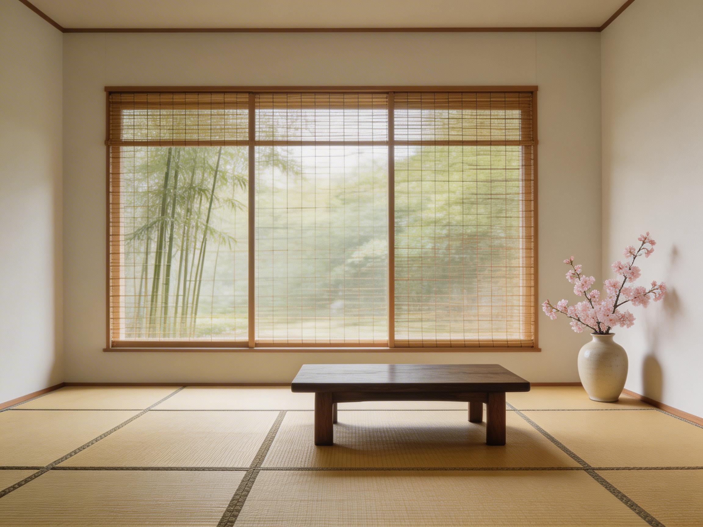 图中展示了一个极简主义风格的日式和室空间，整体色调温润柔和，以米色、木色和淡绿色为主。房间地面铺满了浅黄色的榻榻米，中心位置摆放着一张深褐色的实木矮桌。右侧墙角立着一个米白色的陶瓷花瓶，里面插着几枝盛开的粉色樱花，为素雅的房间增添了生机。正前方是一扇巨大的横向窗户，遮盖着半透明的竹帘，透过帘子隐约可见窗外翠绿的竹林和朦胧的自然景色，光线均匀而柔和。

在 AI 生成细节方面，画面存在一些逻辑和透视上的瑕疵：首先，榻榻米的接缝线条在矮桌下方和右侧区域显得不够平直，甚至出现了交错断裂的现象；其次，矮桌的桌腿阴影与窗外射入的光线方向不完全吻合，显得有些漂浮；此外，窗户左侧的竹子纹理在透过竹帘时显得过于清晰，缺乏光影遮挡的自然虚化感，且最右侧花瓶的阴影投射在墙面上显得略微生硬。