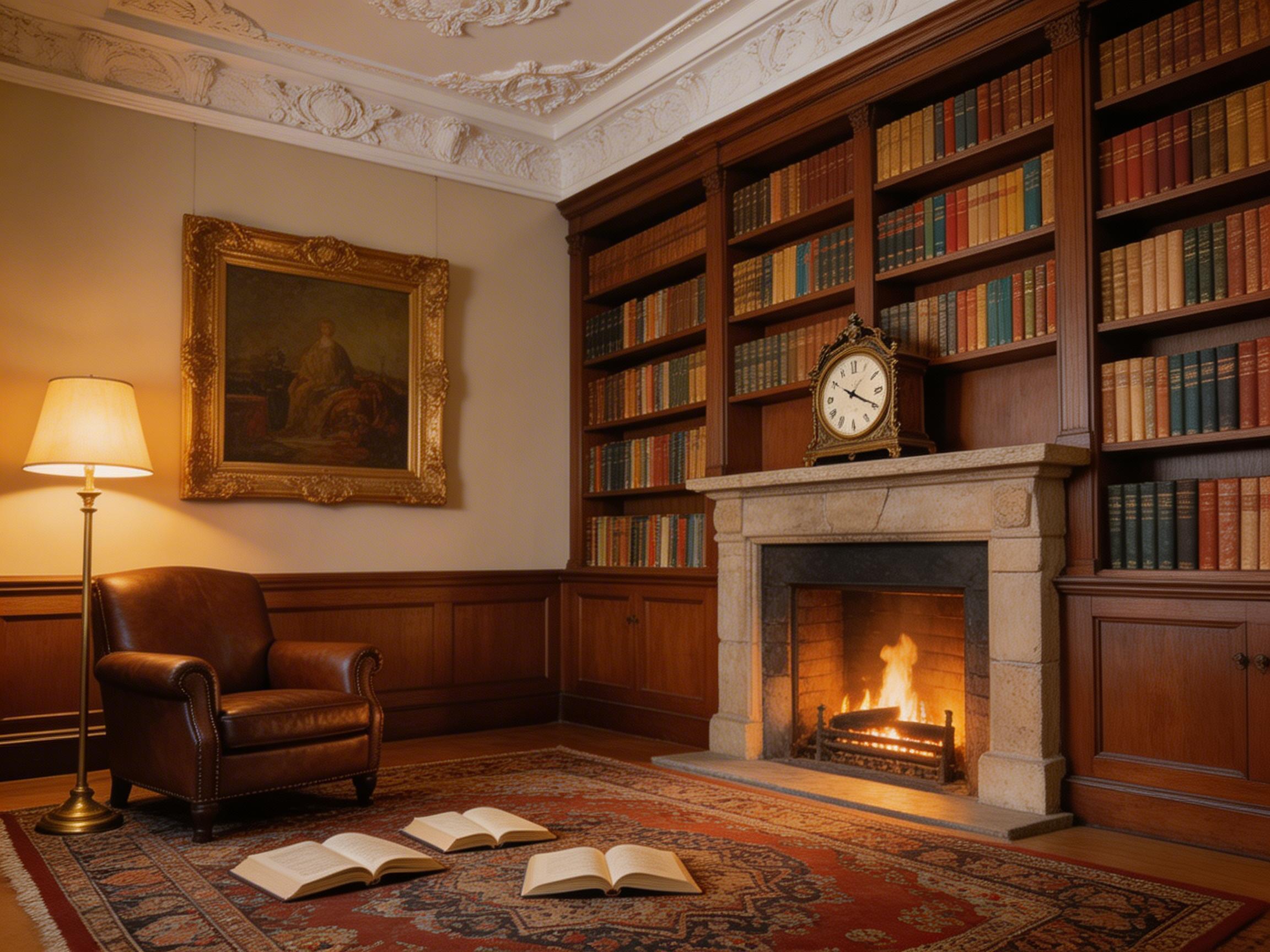 画面中呈现了一个充满古典气息的室内书房场景，色调温暖且静谧。左侧有一把深棕色的皮质单人沙发，旁边立着一盏散发着柔和黄光的落地灯。墙上挂着一幅带有精致金色雕花边框的古典油画。右侧是一整面嵌入墙体的木质书架，摆满了排列整齐的书籍。书架中央下方是一个石质壁炉，里面正燃着熊熊炉火，壁炉台上放着一个复古的金色座钟。地面铺着一块花纹复杂的红色地毯，地毯上随意散落着三本翻开的书。天花板边缘有精美的白色浮雕装饰。

在 AI 生成的细节方面，存在一些明显的逻辑缺陷：地毯上翻开的书籍页面内容模糊，且书脊的透视与地面接触的角度略显生硬；壁炉台上的座钟表盘刻度不清晰，指针指向模糊；书架上的部分书脊纹理重复感较强，缺乏真实书籍的厚度变化；此外，落地灯的底座与地毯的衔接处阴影处理不够自然。尽管如此，整体画面成功营造出了一种温馨、舒适的阅读氛围。