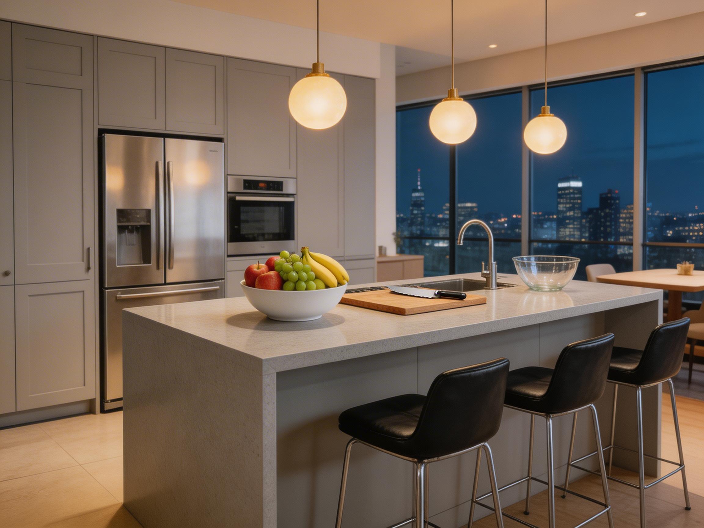 图中展示了一个现代简约风格的开放式厨房，背景是宁静的城市夜景。画面中心是一个宽大的浅灰色大理石中岛台，上方悬挂着三盏圆球形的暖黄色吊灯，营造出温馨的氛围。岛台上整齐地摆放着一碗装有红苹果、青葡萄和香蕉的水果盘，旁边是一块木质菜板和一把厨刀。三把黑色的高脚皮质吧台椅整齐地排列在岛台一侧。背景左侧是灰色的嵌入式橱柜、双开门不锈钢冰箱和烤箱；右侧则是巨大的落地窗，透出窗外繁华的城市灯火。

画面中存在一些明显的 AI 生成缺陷：首先，中岛台上的水龙头位置显得有些突兀，且下方的水槽结构模糊，缺乏深度感。其次，最右侧的黑色吧台椅金属腿部线条略显生硬，与地面的衔接不够自然。此外，落地窗外的建筑光影略显杂乱，缺乏真实的透视细节，冰箱表面的金属拉丝质感在灯光反射下也显得有些不均匀。