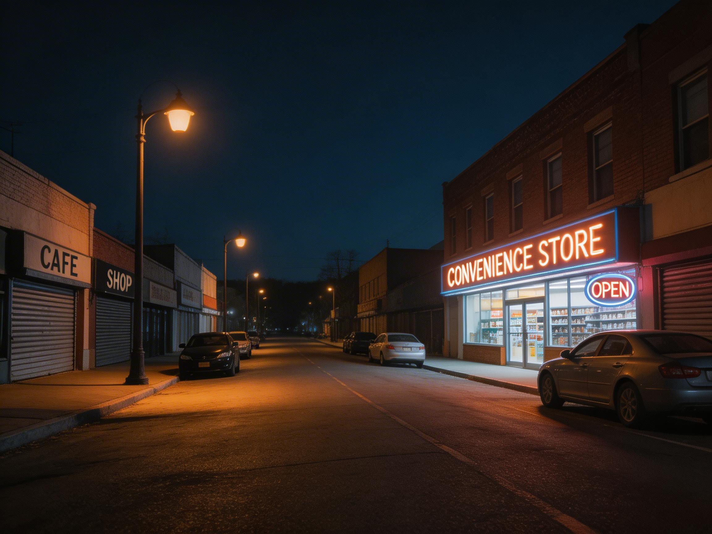 图中展现了一个宁静而深邃的深夜街道场景。画面中心是一条向远方延伸的空旷马路，两侧停放着几辆轿车。视觉焦点位于右侧的一家便利店，其红蓝双色的霓虹灯招牌「CONVENIENCE STORE」在黑夜中格外醒目，店内透出的明亮白光与街道的昏暗形成鲜明对比。左侧是一排拉下卷闸门的店铺，上方挂着「CAFE」和「SHOP」的简单招牌。暖黄色的路灯在地面洒下斑驳的光影，营造出一种孤独而平和的氛围。

在 AI 生成细节方面，存在一些明显的逻辑与视觉缺陷：左侧路灯的灯杆底部与马路边缘的衔接显得生硬且透视略有偏差；便利店招牌的字母排列虽然清晰，但边缘光晕处理得不够自然；最远处的背景树木和建筑细节模糊，呈现出一种不真实的涂抹感。此外，街道左侧建筑上的招牌文字风格过于单一，缺乏真实商业街的多样性。
