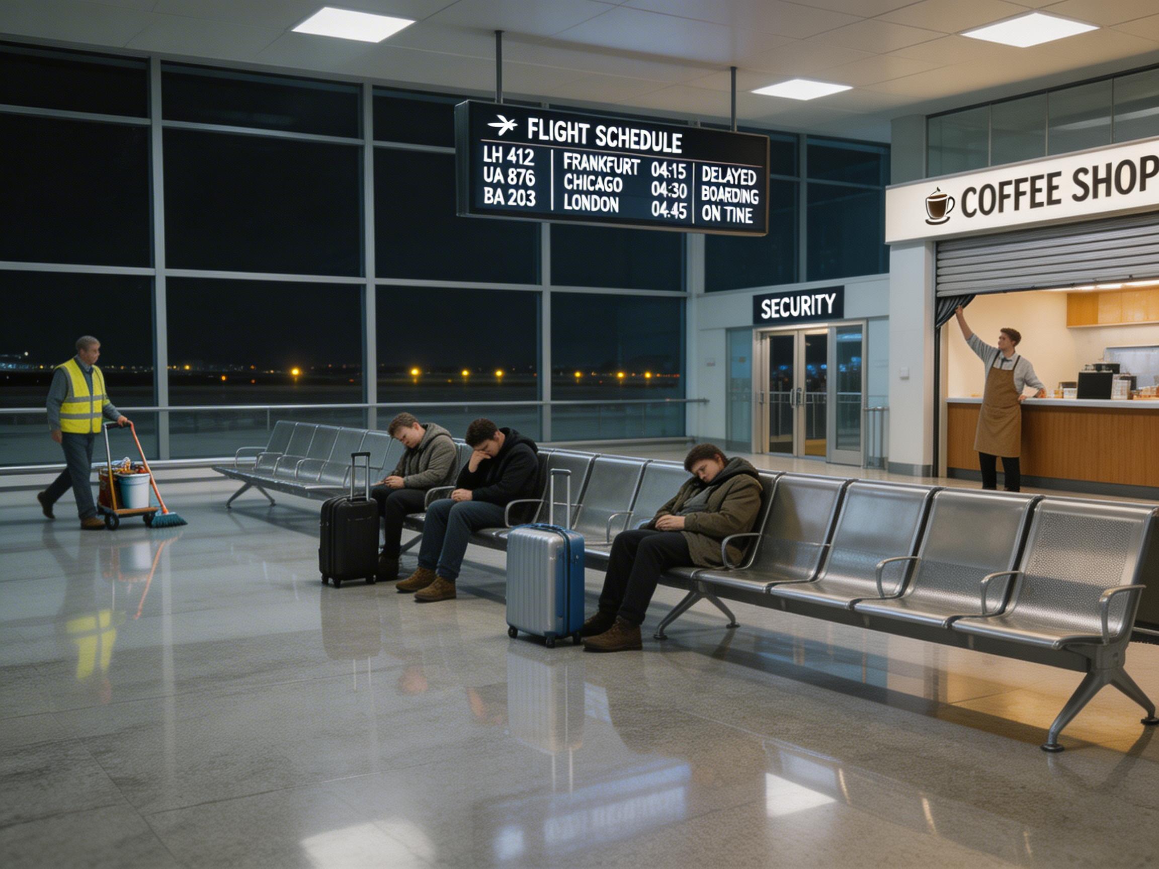 图中展示了一个深夜或凌晨时分的机场候机大厅。画面中心是一排金属长椅，三名穿着厚实外套的男性旅客正疲惫地坐着或靠着休息，身旁放着行李箱。上方悬挂着黑底白字的航班信息牌，显示着前往法兰克福、芝加哥和伦敦的航班。左侧一名穿着黄色反光背心的清洁工正推着清洁车走过，背景是巨大的落地窗，窗外是一片漆黑的停机坪。右侧有一家名为“COFFEE SHOP”的咖啡店，一名店员正在拉开卷帘门准备营业。画面色调偏冷，光影柔和，营造出一种冷清、静谧的氛围。

在 AI 生成细节方面，存在几处明显的逻辑和视觉缺陷：首先，最右侧咖啡店员拉动卷帘门的手部动作与帘门的物理连接显得非常生硬且不自然；其次，左侧清洁工推着的清洁车轮廓模糊，且他脚下的地面反射与身体动作略有脱节；此外，航班信息牌上的文字虽然清晰，但部分排版略显拥挤，且背景落地窗外的灯光分布过于均匀对称，缺乏真实夜景的随机感。