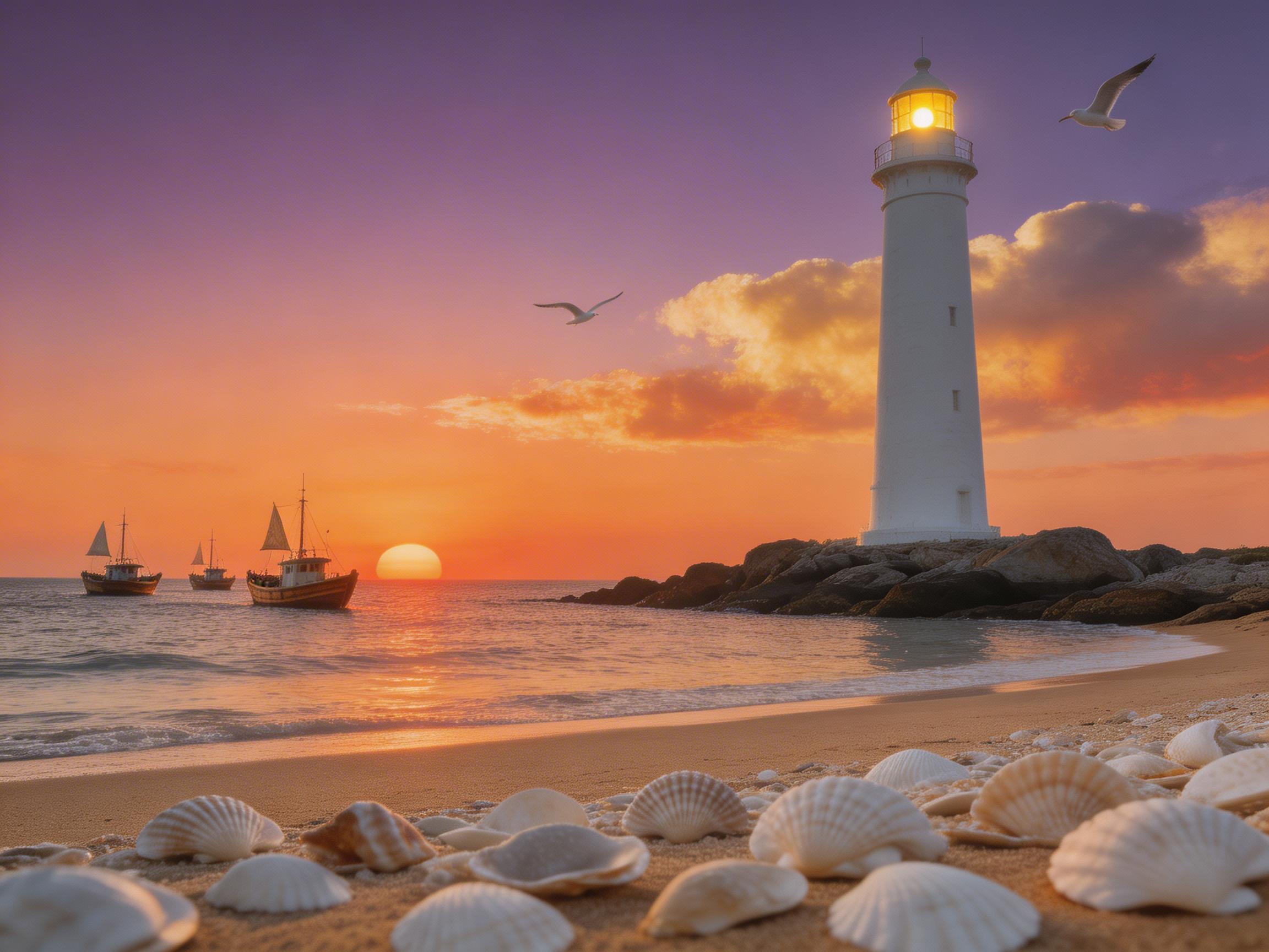 画面中呈现了一幅壮丽的海边日落景象。近景是铺满浅色贝壳的沙滩，贝壳纹理清晰，错落有致。中景处，平静的海面上停泊着三艘带有桅杆的小船，背景是一轮正缓缓落下的橘黄色暖阳，将天空和海面染成了金橙色。右侧礁石上矗立着一座高耸的白色灯塔，塔顶正散发出明亮的黄色光芒。天空由底部的橙红色过渡到顶部的深紫色，几只海鸥在空中翱翔。

画面中存在明显的 AI 生成缺陷：首先，灯塔顶部的光源看起来像是一个实心的火球，缺乏真实的灯具结构；其次，天空中飞翔的海鸥形体模糊，翅膀线条不自然，甚至有些残缺；最明显的逻辑错误在于光影表现，夕阳位于地平线左侧，但灯塔右侧的云朵却被大面积照亮，且灯塔自身的阴影投射方向与太阳位置不符。此外，沙滩上的贝壳分布过于均匀且形状高度相似，缺乏自然界的随机性。