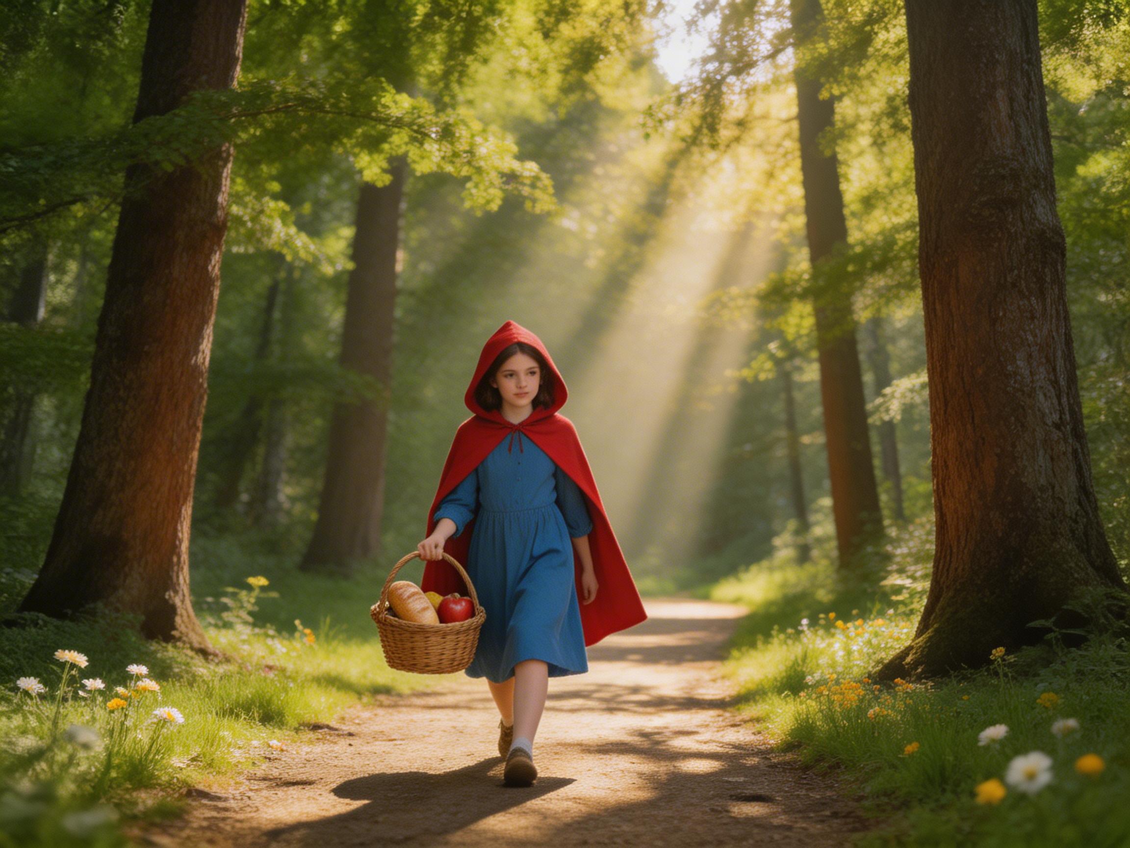 图中描绘了一个充满童话色彩的森林场景。一名年约七八岁的小女孩正走在林间小路上，她身穿一件明亮的蓝色连衣裙，肩披一件带有兜帽的大红色斗篷，这让人立刻联想到“小红帽”的故事。她右手提着一个编织竹篮，篮子里装有长棍面包和红苹果。背景是郁郁葱葱的绿色森林，几缕金色的阳光穿过繁茂的树叶，形成清晰的丁达尔效应，照亮了林间小径。路边点缀着白色和黄色的小野花，整体色调温暖且富有生机。

然而，画面中存在明显的 AI 生成缺陷：女孩提篮子的右手结构异常，手指显得模糊且融合在一起，缺乏清晰的关节轮廓；她左手垂下的位置与身体的透视关系略显生硬；此外，女孩脚下的阴影边缘过于锐利且形状与身体姿态不完全匹配，篮子里的面包纹理也显得有些不自然。尽管如此，画面依然成功营造出了一种梦幻的叙事氛围。