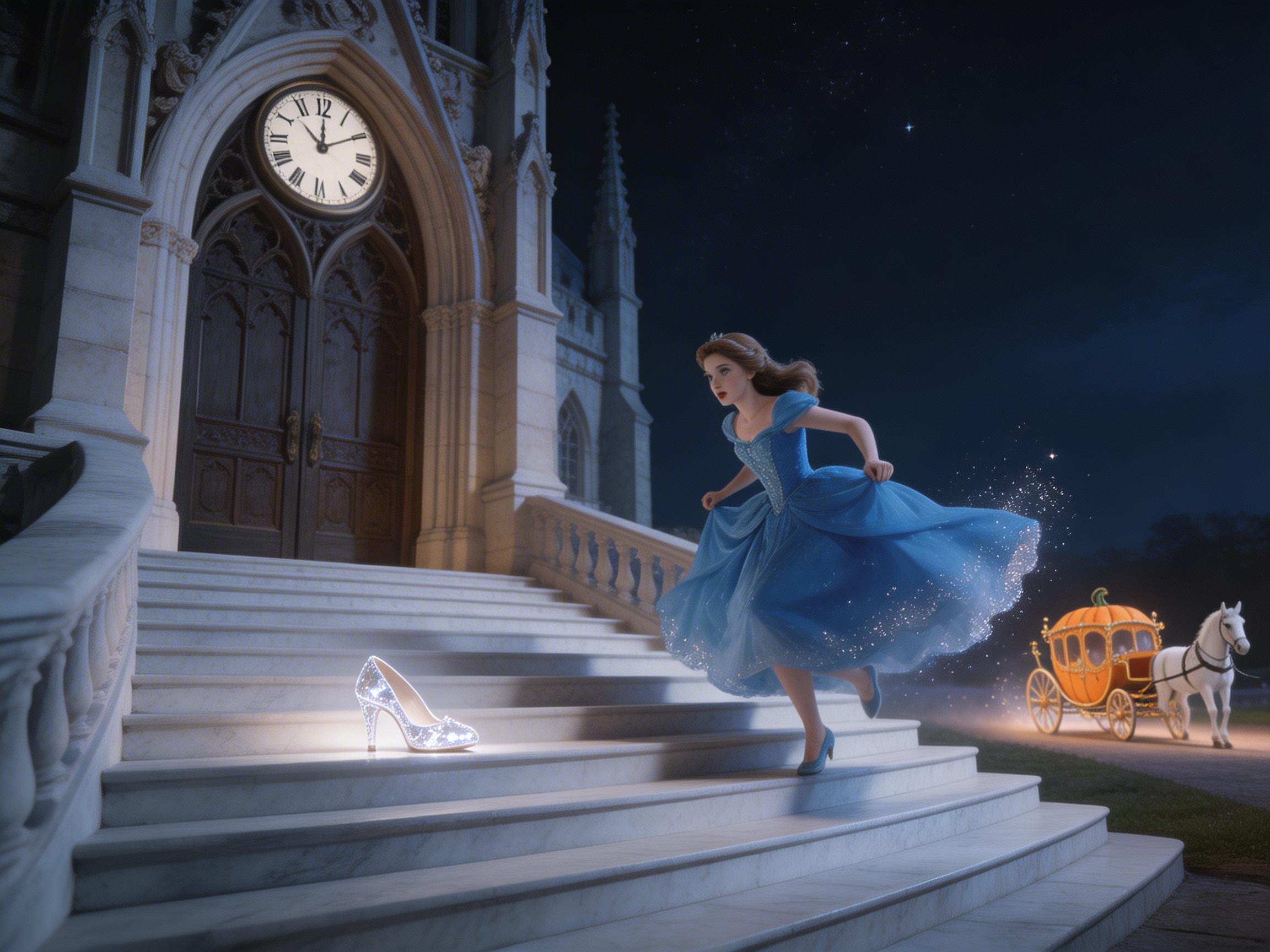 图中展现了灰姑娘在午夜钟声响起时匆忙离开城堡的经典童话瞬间。画面左侧是一座宏伟的哥特式建筑，厚重的大门上方镶嵌着一面巨大的圆钟，指针正指向十二点。一位年轻女性身穿闪烁着微光的蓝色露肩礼服长裙，正提起裙摆向画面右侧奔跑，她的身后飘散着晶莹的魔法光斑。在层层递进的白色大理石台阶上，留下一只闪闪发亮的水晶鞋。背景是深蓝色的夜空，右侧停放着一辆由白马拉着的南瓜马车。

画面中存在明显的 AI 生成缺陷：首先是时钟的罗马数字逻辑混乱，出现了多个重复或错误的符号（如数字 4 和 11 的位置异常）；其次，灰姑娘奔跑的动态显得生硬，她的右手手指结构模糊且扭曲，左脚虽然穿着鞋，但台阶上却多出了一只水晶鞋，逻辑上并不连贯；远处的白马身形比例略显僵硬，与马车的连接处缺乏真实的物理细节。
