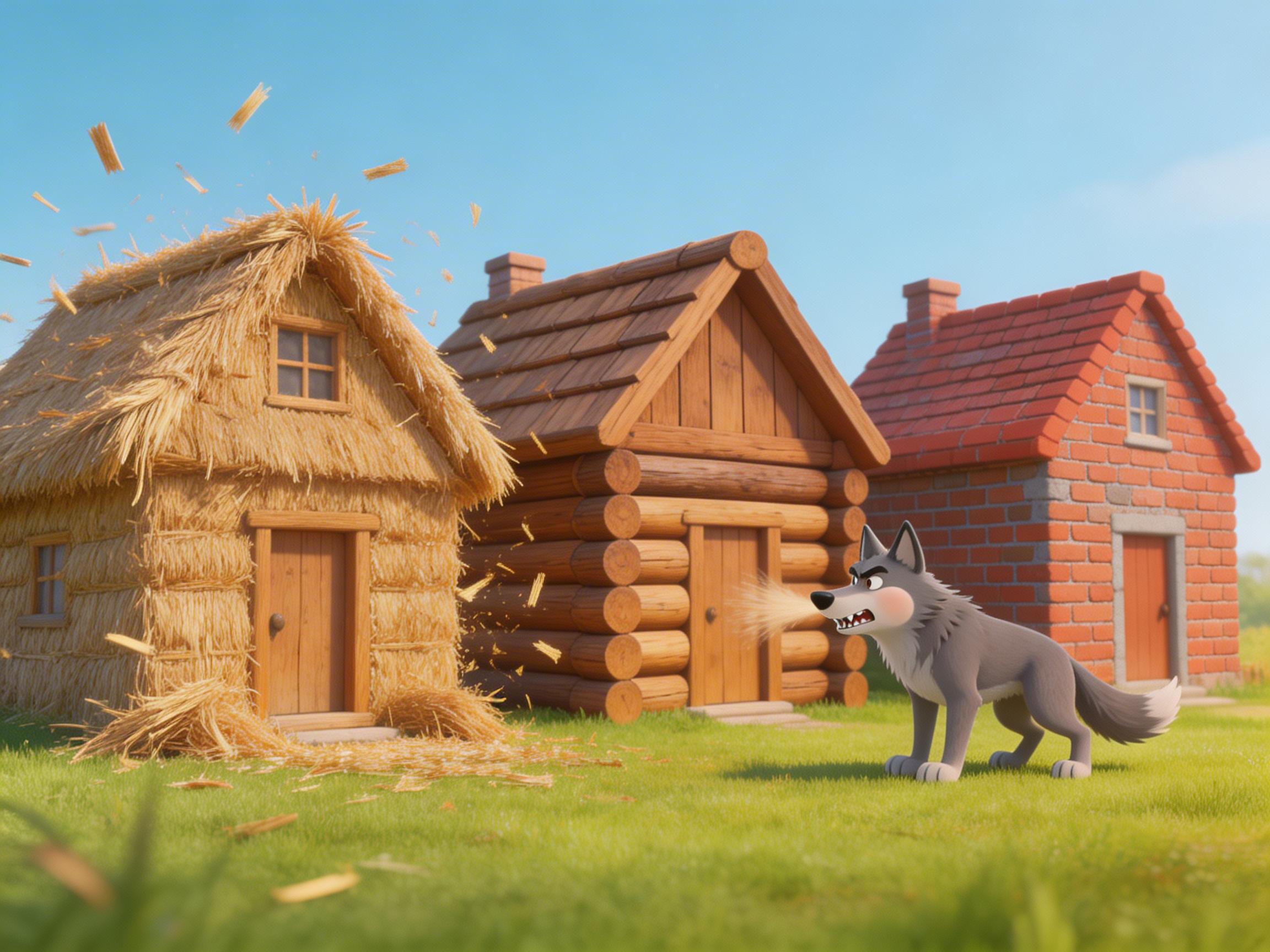 画面中呈现了一个基于经典童话《三只小猪》的 3D 卡通场景。在明亮的蓝天和绿草地背景下，并排坐落着三座小房子：左侧是金黄色的草屋，中间是深褐色的木头房子，右侧是红砖瓦房。一只灰色的卡通大灰狼站在草地右侧，正张开嘴巴用力吹气，气流呈半透明的雾状喷向草屋，导致草屋顶部的稻草四处飞散。整体色调鲜艳、光影柔和。

在 AI 生成的细节方面存在一些明显的逻辑和结构缺陷。首先，最左侧的草屋虽然表面覆盖着稻草，但其门框和墙角边缘却显露出类似木纹的质感，材质表现不统一；其次，中间木屋的侧面圆木排列在靠近门的位置突然断开，且门框与墙体的衔接处透视略显生硬；最右侧的砖房墙面纹理不自然，部分砖块线条模糊并与门框重叠。此外，大灰狼的后腿与尾巴连接处结构模糊，且其吹出的气流方向与稻草飞散的方向在空间逻辑上并不完全吻合。
