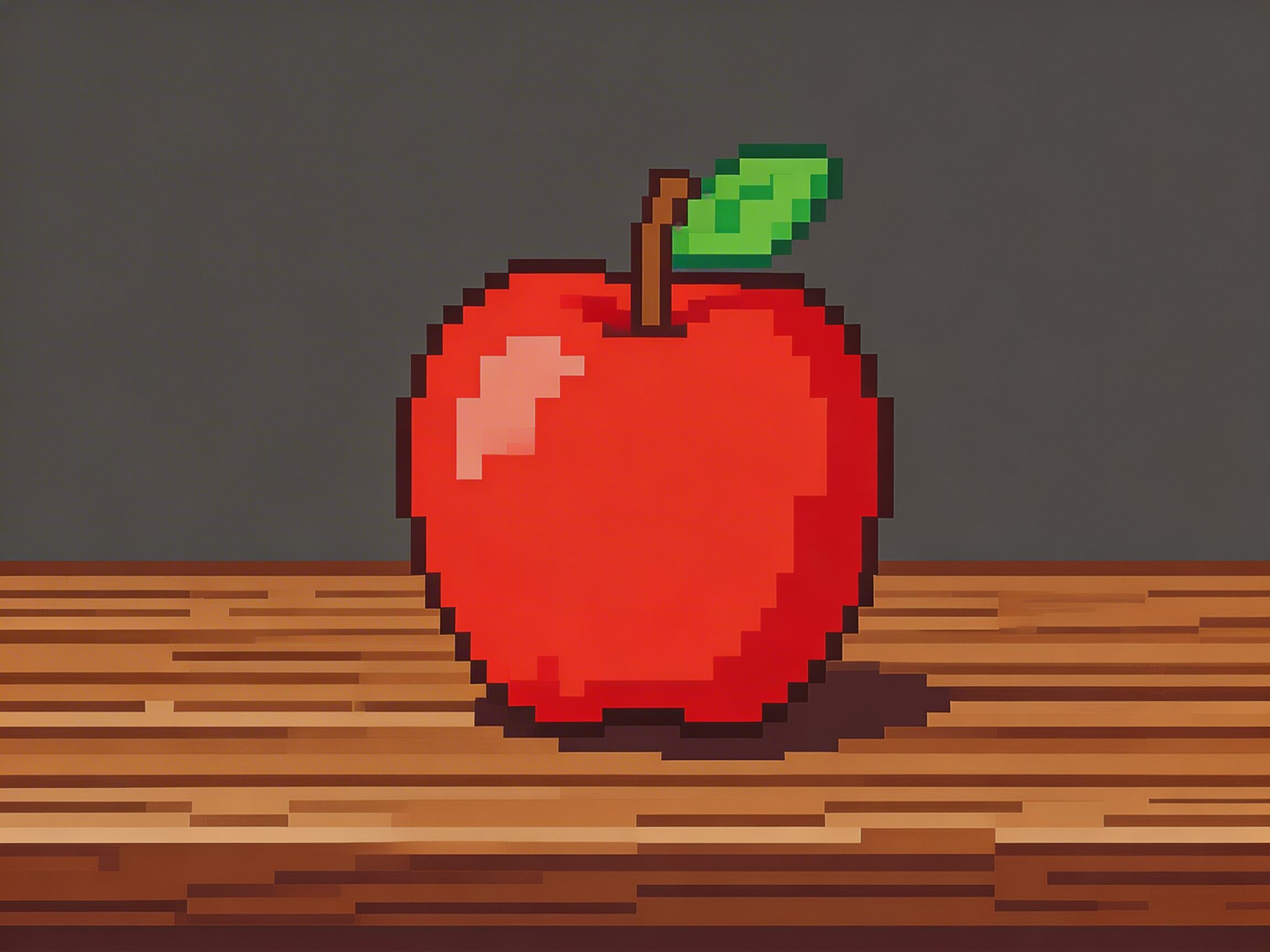 画面中展示了一个采用复古像素艺术风格绘制的红苹果。苹果位于画面中心，放置在棕色的木质纹理桌面上，背景是纯净的深灰色。苹果整体呈鲜红色，左侧有几块淡粉色的像素点，模拟出受光时的反光效果；顶部有一根棕色的短茎和一片带有深绿脉络的浅绿色叶子。苹果下方有一块深褐色的阴影，增强了空间立体感。

作为一张 AI 生成的像素风图片，画面中存在一些明显的逻辑缺陷：首先，苹果本身的像素颗粒边缘非常清晰，但它下方的木质桌面和背景却呈现出一种平滑的、带有渐变效果的高清滤镜感，这种像素密度不统一导致了视觉上的割裂。其次，木质桌面的横向纹理在靠近边缘处出现了不自然的扭曲和模糊，且苹果底部的像素边缘与桌面的透视衔接不够自然，显得像是漂浮在平面上而非真实放置。此外，苹果顶部的茎部像素排列略显杂乱，缺乏结构上的连贯性。