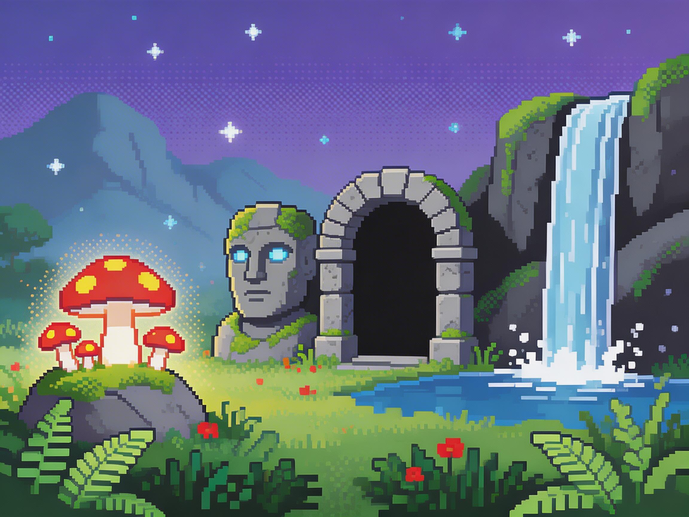 图中展现了一个充满奇幻色彩的像素艺术场景。画面左侧的前景是一组生长在岩石上的红底黄点发光蘑菇，散发着柔和的金光。中间位置矗立着一个巨大的灰色石像头颅，其双眼闪烁着神秘的蓝光，石像旁是一个由灰色砖块砌成的圆拱形石门，门内漆黑深邃。右侧有一道从山崖倾泻而下的白色瀑布，汇入下方的蓝色水潭。背景是淡紫色的夜空，点缀着几颗闪烁的像素星辰，远处隐约可见青蓝色的山峦。整体色调清新，融合了自然与遗迹元素。

作为 AI 生成的图像，画面中存在一些明显的逻辑缺陷：左侧发光蘑菇周围的金色光晕使用了密集的网点表现，与整体的像素块风格略有割裂；瀑布下方的水花飞溅效果处理得较为生硬，呈不规则的白色方块散落；石拱门的透视感略显扁平，与左侧石像的立体感不完全匹配；此外，天空中的星星分布过于均匀且形状单一，缺乏自然的随机感。