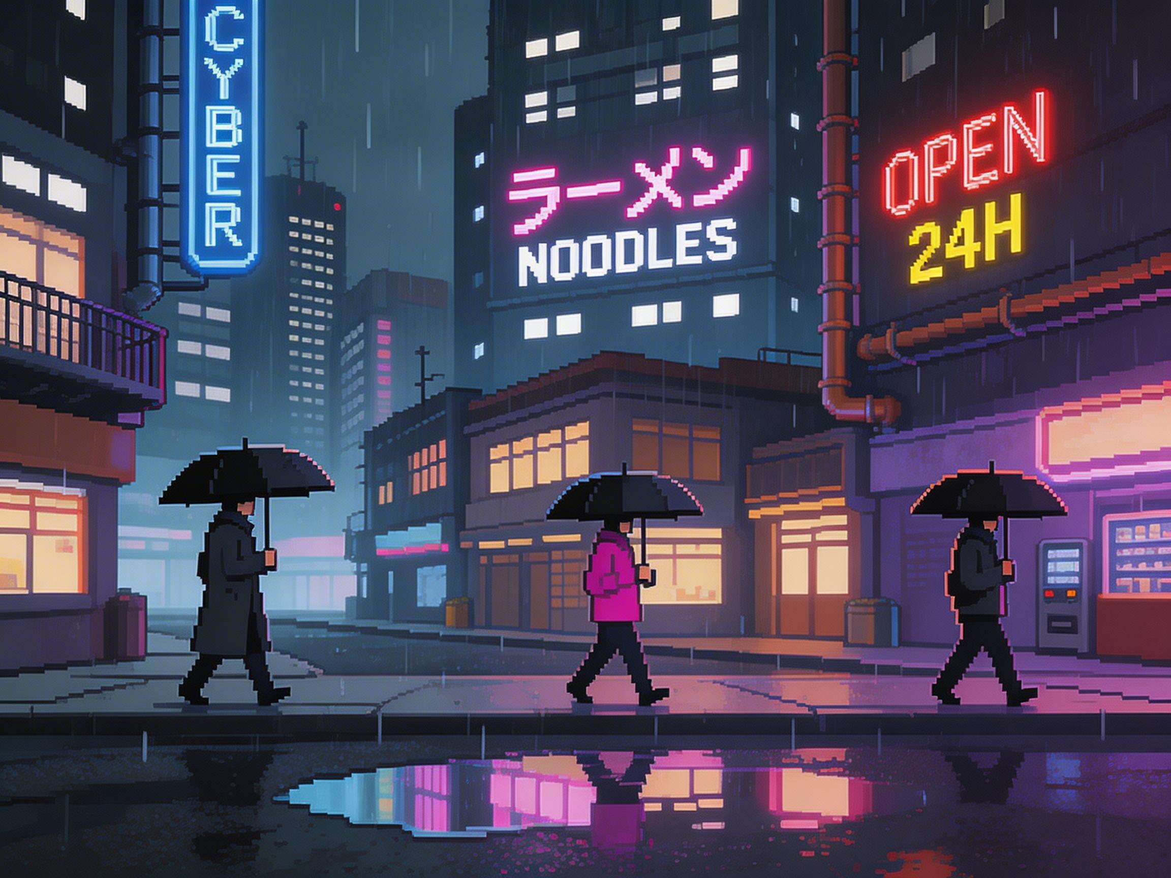 图中展现了一个充满赛博朋克风格的雨夜街头，采用了复古的像素艺术画风。画面色调以深蓝和紫色为主，点缀着明亮的霓虹灯光。三名身穿深色或紫色外套的行人正撑着黑色雨伞，由左向右行走在湿漉漉的街道上，地面清晰地倒映着建筑的霓虹灯影。背景是高耸的楼宇，挂着醒目的招牌，包括蓝色的“CYBER”立牌、粉色的日文拉面与英文“NOODLES”灯箱，以及红黄相间的“OPEN 24H”告示。

作为 AI 生成的图像，画面存在一些逻辑和细节上的瑕疵：最右侧行人的雨伞边缘像素分布不均，显得有些破碎；中间行人的手部与伞柄的连接处模糊，缺乏合理的握持结构；背景建筑上的窗户光块排列略显随意，部分像素点的透视关系不够严谨。此外，雨丝的线条在不同区域的密度和倾斜角度略有不统一，带有明显的算法合成痕迹。