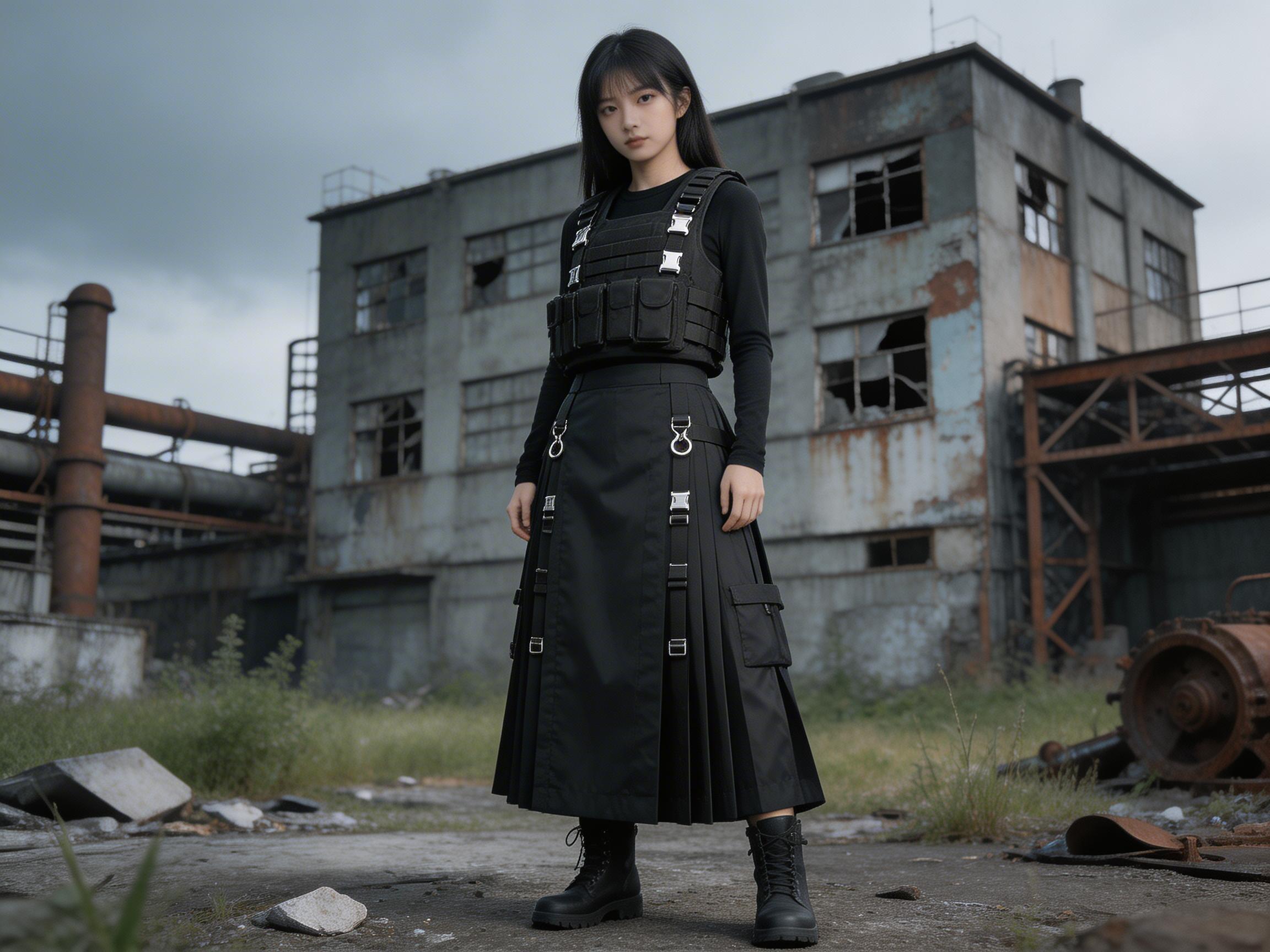 图中展示了一位年轻女性站立在荒废工业区中心的全身像。她留着高马尾，神情冷峻，身穿全黑的机能风服饰，包括一件紧身高领上衣、一件战术防弹背心以及一条带有金属扣环和圆环装饰的长款百褶裙，脚蹬黑色作战靴。背景是破旧的灰色水泥厂房，墙皮脱落露出红砖，生锈的粗大管道蜿蜒而上，地面布满裂缝和碎石，整体色调偏冷且带有灰暗的末世感。构图上人物居中，采用平视视角，展现出一种坚毅的气质。画面存在明显的 AI 生成缺陷：女性的双手手指比例失调且交织模糊，缺乏清晰的指节结构；裙摆上的金属扣件分布不自然，部分圆环像是悬浮或直接嵌入布料中；背景右侧的生锈管道在转弯处的透视衔接略显生硬，与墙面的阴影关系不够真实。