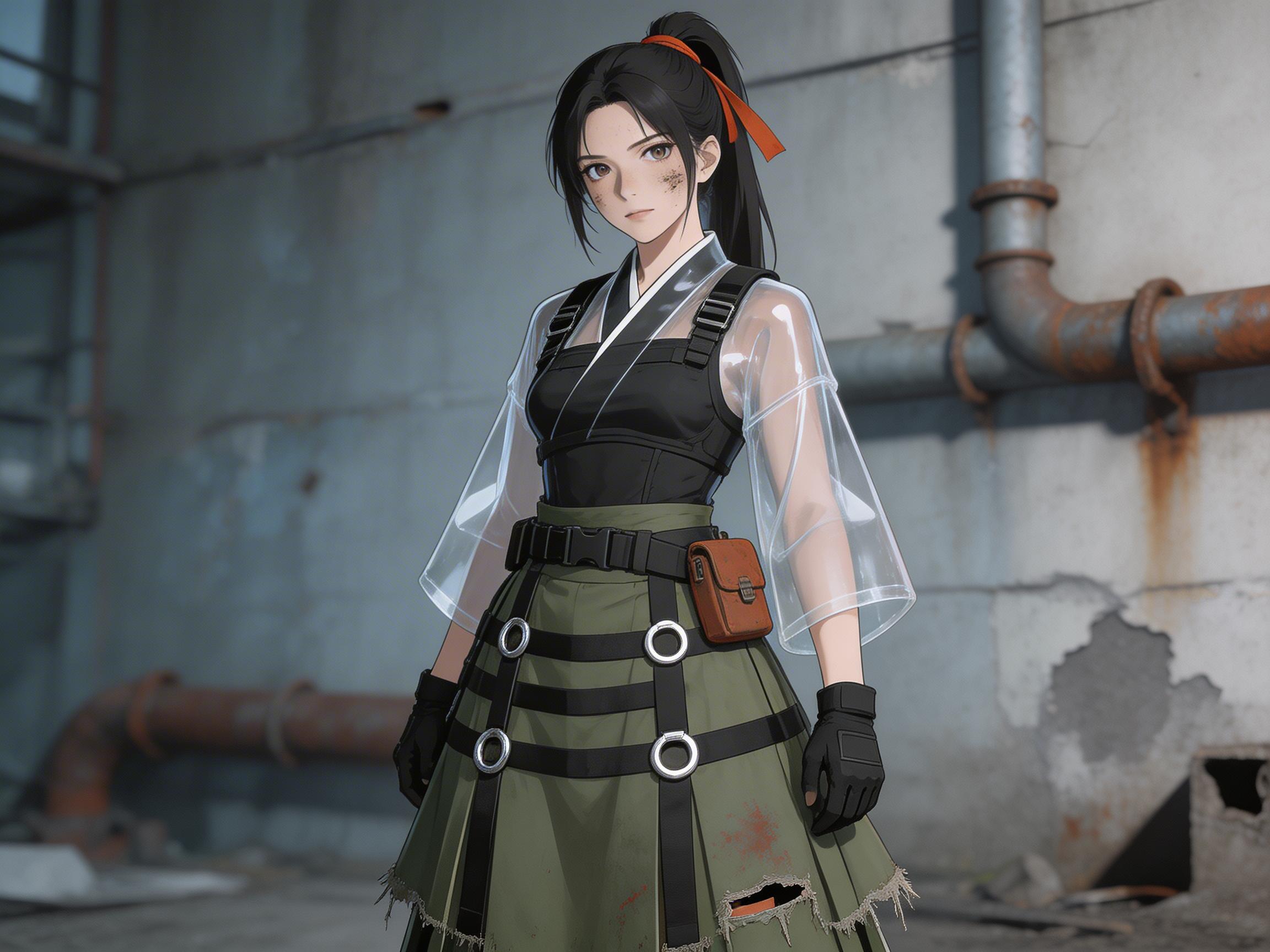 图中展现了一位具有二次元动漫风格的年轻女性，她站在一个充满工业废土气息的背景前。女子留着深褐色高马尾，戴着黑色战术头带，神情冷峻。她身穿一件黑色紧身背心，外罩一件透明质感的PVC材质短袖外套，外套边缘有白色包边。下半身穿着一条军绿色百褶长裙，裙面上装饰有黑色皮带和多个金属圆环，裙摆处带有磨损的毛边和暗红色的污渍。她双手戴着黑色半指手套，腰间挂着一个棕色的小皮包。背景是灰色的水泥墙和锈迹斑斑的粗大金属管道，整体色调偏冷且带有怀旧感。在 AI 生成的细节上，存在明显的逻辑缺陷：女子左侧（画面右侧）的手部手指结构模糊且比例失调；透明外套的物理垂感与身体动作不完全匹配；背景管道的透视关系在衔接处略显生硬。