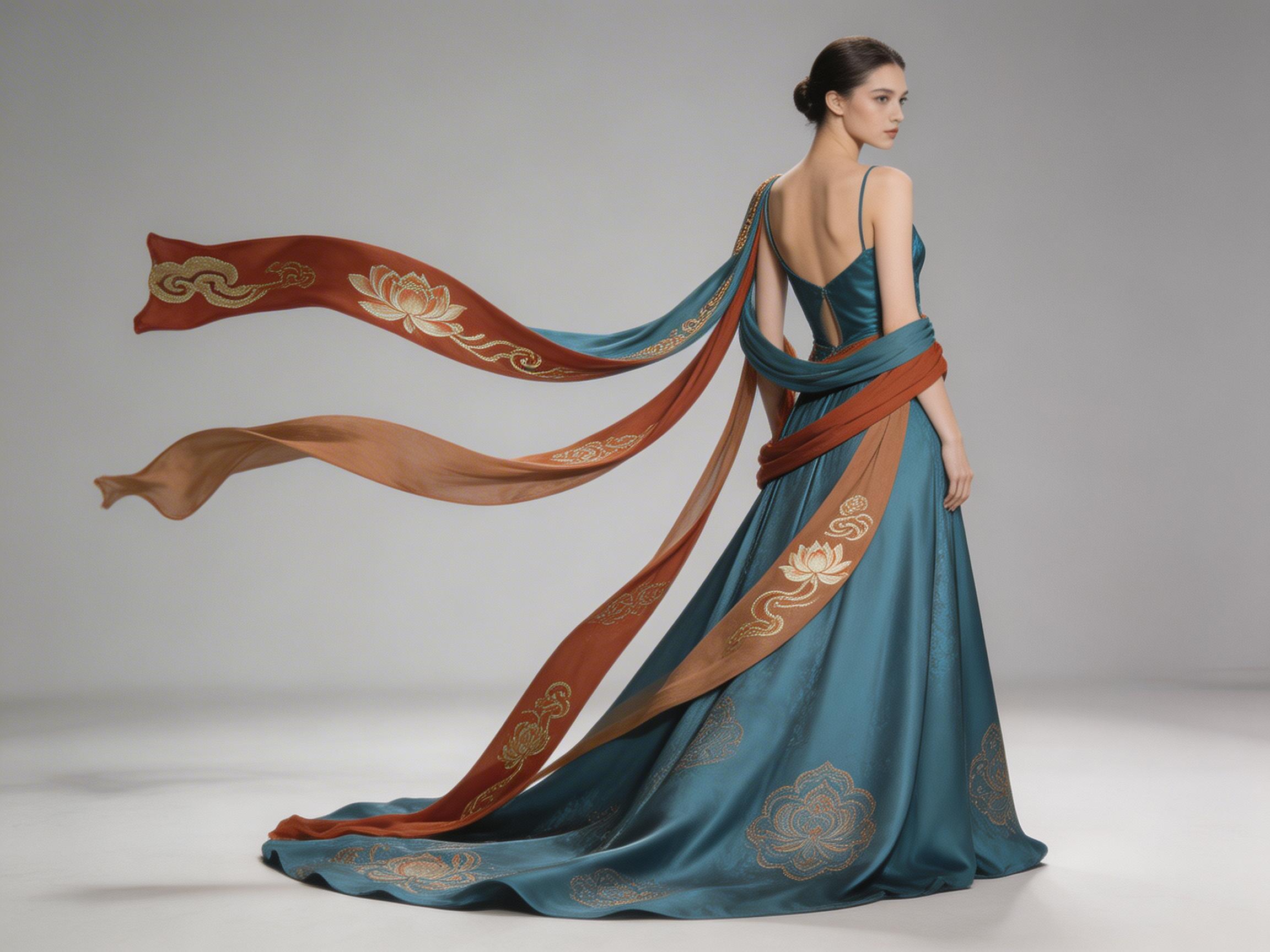 画面中展示了一位身着华丽中式风格礼服的女性背影，她正站在一个极简的浅灰色T台背景中。这件礼服采用深青色丝绸材质，具有柔和的光泽感，背部为深V领露背设计。裙摆和飘带上绣有精美的金色敦煌飞天图案和祥云纹样，几条半透明的浅蓝色长飘带向画面左侧飞扬，营造出灵动飘逸的视觉效果。模特的头发盘成精致的发髻，侧脸轮廓清晰。

在AI生成细节方面，画面存在明显的逻辑缺陷：首先，左侧飞舞的飘带连接处十分混乱，似乎直接从模特的肩带或手臂处凭空生出，缺乏合理的剪裁结构；其次，模特右侧的手臂线条在肘部以下显得模糊且比例失调，与身体的连接处不够自然；此外，裙摆上的飞天刺绣人物面部特征较为模糊，线条略显生硬。整体构图虽然优雅，但衣物的物理垂坠感与飘带的动态在透视上略显违和。