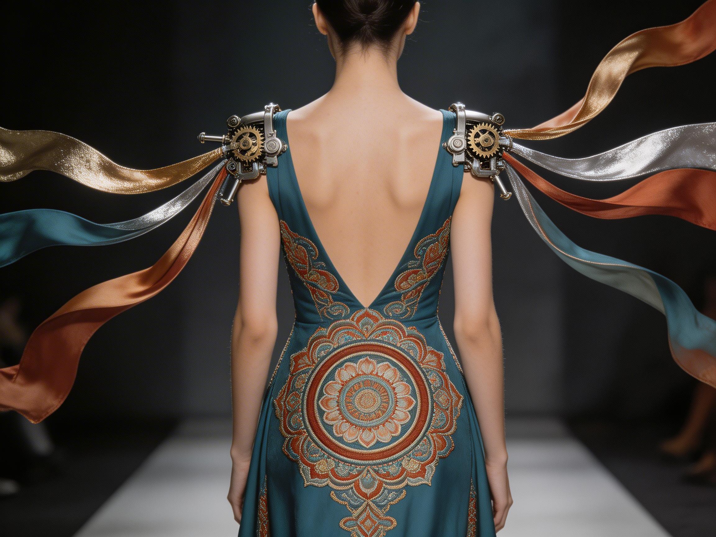 图中展示了一位女性的背影，她身着一件融合了古典与工业风格的深青色露背长裙。裙子的背部装饰有精美的橙色与金色曼荼罗刺绣，图案呈放射状，工艺细腻。最引人注目的是，在她的双肩位置安装了金属质感的机械齿轮装置，数条青色、橙色和银色的丝绸飘带从中延伸而出，向两侧轻盈飞扬，营造出一种超现实的动感。背景为纯净的深灰色，光线柔和地打在女性光洁的背部皮肤上。

在 AI 生成的细节方面，存在明显的逻辑缺陷：左侧肩膀的机械装置结构模糊，齿轮边缘与布料的衔接显得生硬且不符合物理透视；两侧飞舞的飘带在发散点上缺乏合理的支撑结构，看起来像是直接从金属块中“长”出来的。此外，右侧手臂的线条在靠近身体处略显僵硬，与整体柔和的肤质感略有出入。