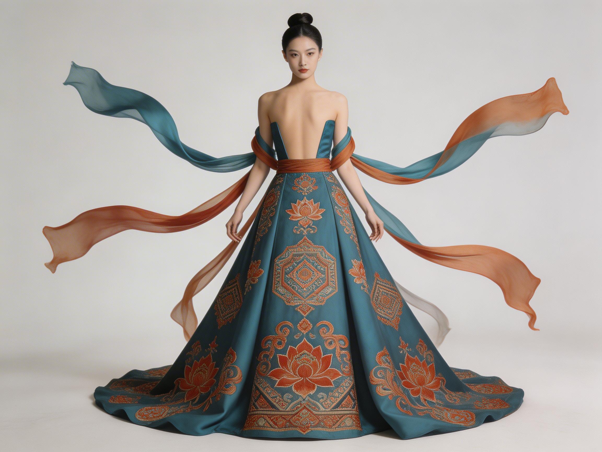 图中展示了一位具有东方韵味的女性模特，她身着一件融合了敦煌壁画风格的修身长裙，背景为纯净的米色。这件礼服以青蓝色为主调，上面绣有精致的橙红色莲花藻井图案和回纹装饰，呈现出浓郁的艺术气息。模特身侧环绕着几条轻盈的青色与橙色半透明丝绸飘带，仿佛在空中随风舞动，营造出一种仙气十足的灵动感。模特梳着整齐的高发髻，神情清冷优雅，整体构图平衡且具有视觉冲击力。然而，画面中存在明显的 AI 生成缺陷：模特的双手处理得不够自然，手指线条模糊且形态僵硬；此外，环绕身体的飘带在物理逻辑上显得有些突兀，部分丝绸的穿插关系与身体的接触点显得不够真实，缺乏合理的重力感。