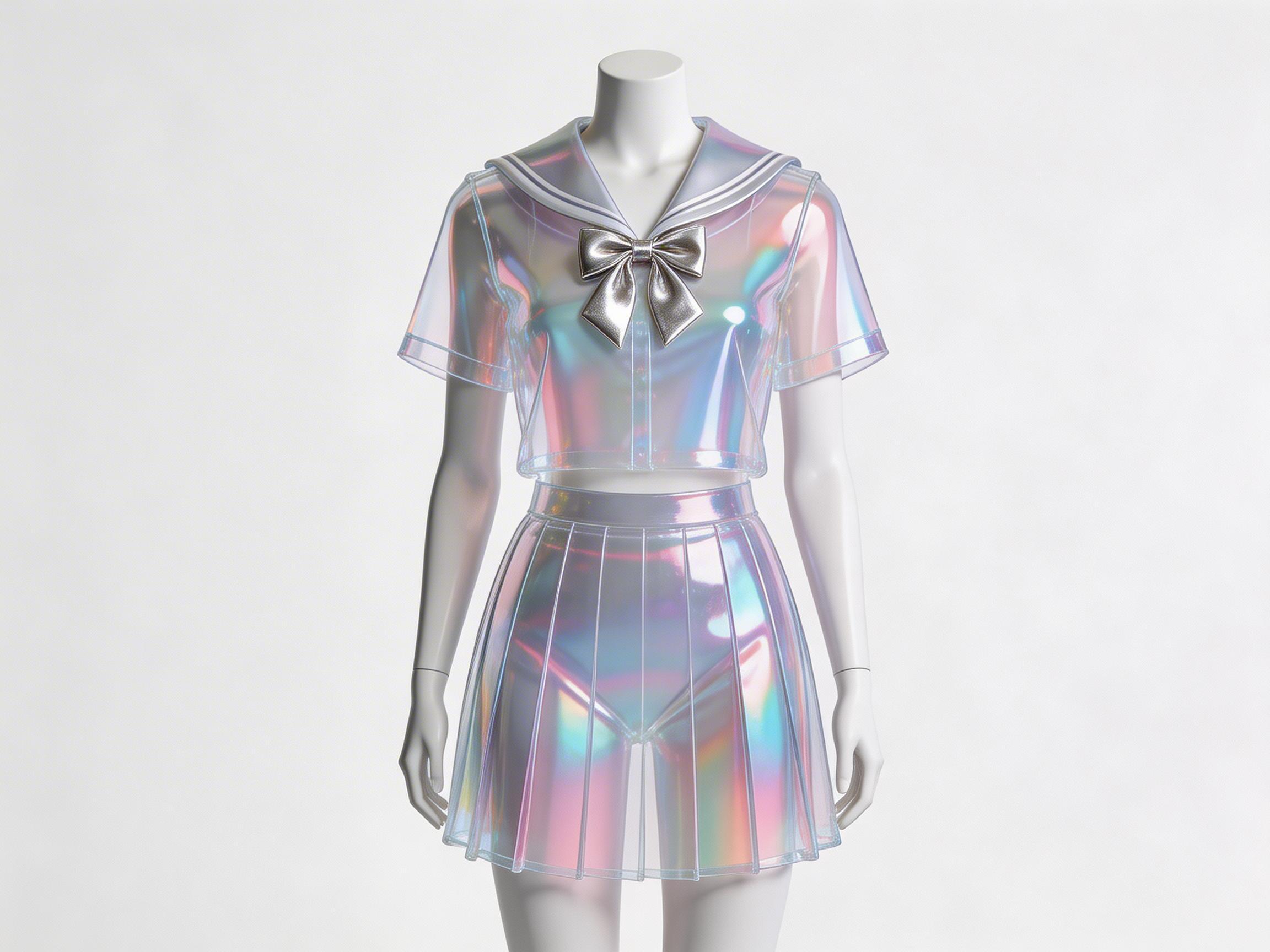 图中展示了一个洁白简约的室内场景，中心位置立着一个没有头部的女性人体模特，穿着一套极具未来主义风格的日式水手服。这套服装由透明且带有全息霓虹光泽的材质制成，呈现出如肥皂泡般绚丽的淡蓝、粉紫和金黄色调。上衣是短款露脐设计，领口处系着一个银色金属质感的蝴蝶结；下身是一条透明的百褶短裙，透出内部同材质的三角底裤。整体构图居中，光影柔和，营造出一种梦幻而冰冷的科技感。

在 AI 生成的细节方面，存在一些明显的逻辑缺陷：模特的双手手指线条模糊且融合在一起，缺乏清晰的指节结构；裙摆的褶皱与身体的透视关系略显生硬，尤其是裙子左侧边缘与模特手臂的重叠处显得不够自然；此外，衣领上的粉色条纹在转折处衔接得略微突兀，显示出算法在处理复杂材质反射时的细微瑕疵。