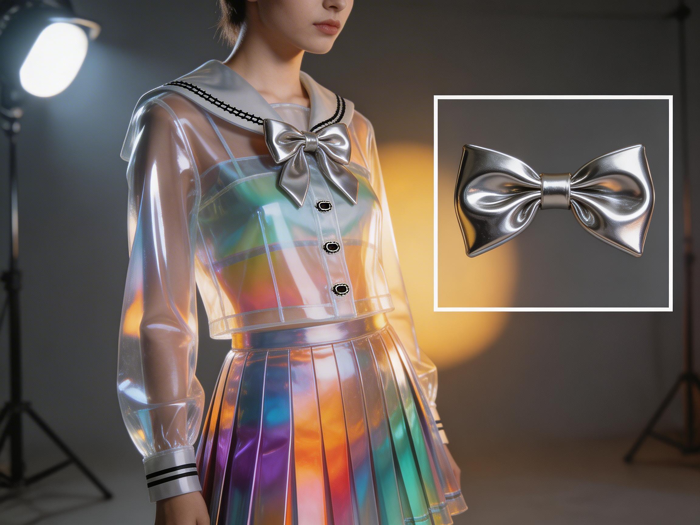 图中展示了一位年轻女性在摄影棚内穿着极具未来感的透明材质水手服。她上身穿着一件半透明、带有虹彩光泽的长袖短款上衣，领口是经典的白色水手领，胸前系着一个闪亮的银色金属质感蝴蝶结。下身是一条彩虹色的透明百褶短裙，色彩从红到紫呈放射状排列。背景是灰暗的摄影棚，左侧有明显的补光灯，右侧则有暖黄色的背光映衬。画面右上方有一个白色方框，特写展示了那个银色蝴蝶结的细节。

在 AI 生成的细节方面，存在一些明显的逻辑缺陷：首先，人物左手的手指显得有些僵硬且长度比例不自然；其次，上衣的纽扣虽然画出了形状，但并没有实际的扣眼或连接结构，像是直接悬浮在透明门襟上；此外，右侧特写框中的蝴蝶结纹理与主体身上的蝴蝶结在褶皱走向上并不完全一致，且特写框边缘的线条略显生硬，与背景的融合度欠佳。