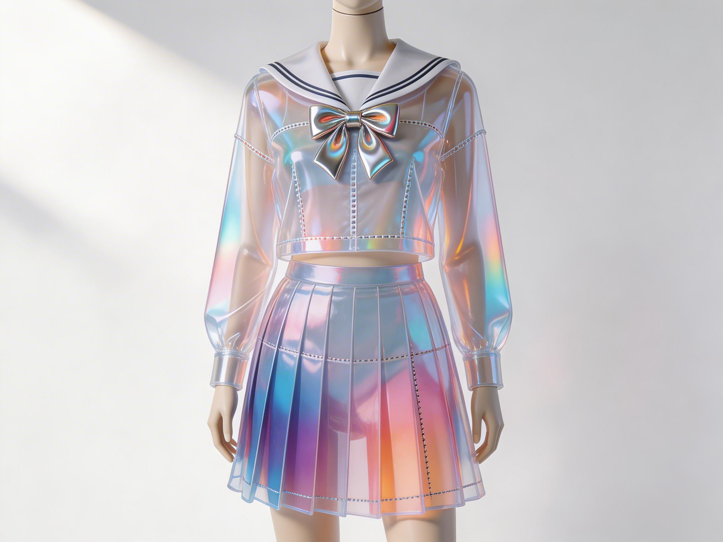 画面中展示了一套展示在米白色半身人台上的水手服套装，背景为纯净的浅灰色，构图居中且对称。这套服装采用了极具未来感的全透明材质，表面泛着绚丽的镭射虹彩光泽，色彩在粉、橙、黄、蓝、紫之间流转，仿佛肥皂泡表面的反光。上衣是长袖水手服款式，领口系有一个同样材质的巨大蝴蝶结，领缘带有白色条纹装饰；下半身是配套的百褶短裙。

作为 AI 生成的图像，画面存在一些明显的物理逻辑缺陷：首先，衣服的材质表现不一致，部分区域呈现出坚硬的塑料质感，而袖口和裙摆处却显得过于轻薄透明，甚至与背景融合。其次，人台的颈部支撑杆与衣服领口的衔接处透视略显生硬，且衣服内部缺乏应有的结构支撑感，看起来像是悬浮在人台表面。此外，蝴蝶结的褶皱光影过于复杂，与整件衣服的极简线条略有违和。