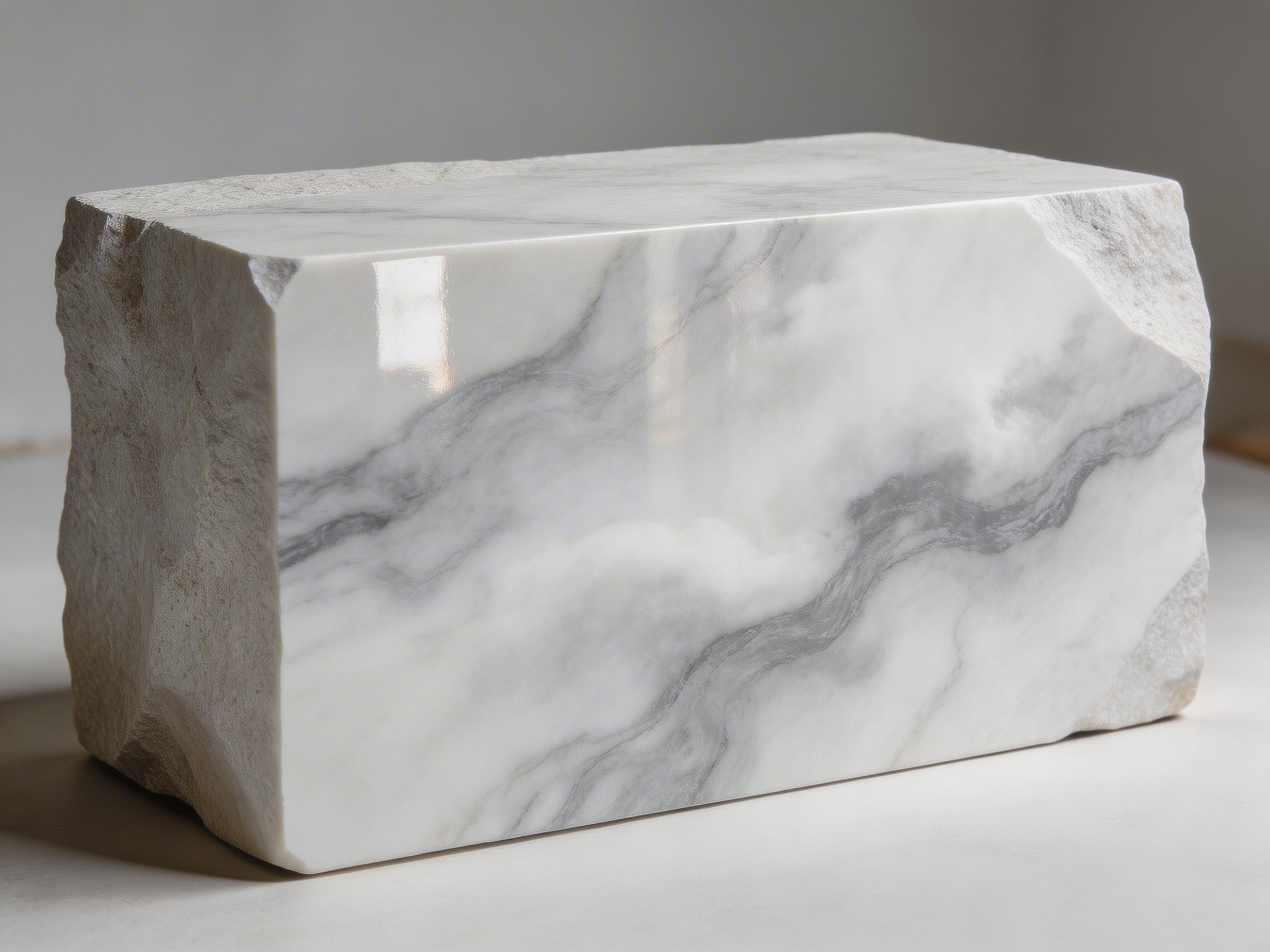 画面中呈现了一个长方体形状的大理石块，静置在浅色的平坦表面上。这块大理石以白色为基调，表面布满了自然的灰色和深灰色流云状纹理。石块的正面和顶部经过精细打磨，呈现出镜面般的亮光，甚至可以清晰地看到上方光源投射出的矩形反光；而石块的侧面则保留了粗糙的原始切割质感，与光滑的正面形成鲜明对比。整体色调清冷、纯净，光影过渡柔和。在 AI 生成的细节方面，存在一些逻辑瑕疵：石块左侧边缘的转折处显得过于圆润且不规则，与右侧锐利的直角边缘不统一；此外，石块底部的阴影与物体接触面的透视关系略显生硬，左后方的边缘线条在空间中显得有些模糊和扭曲，不符合真实物理结构的严谨性。