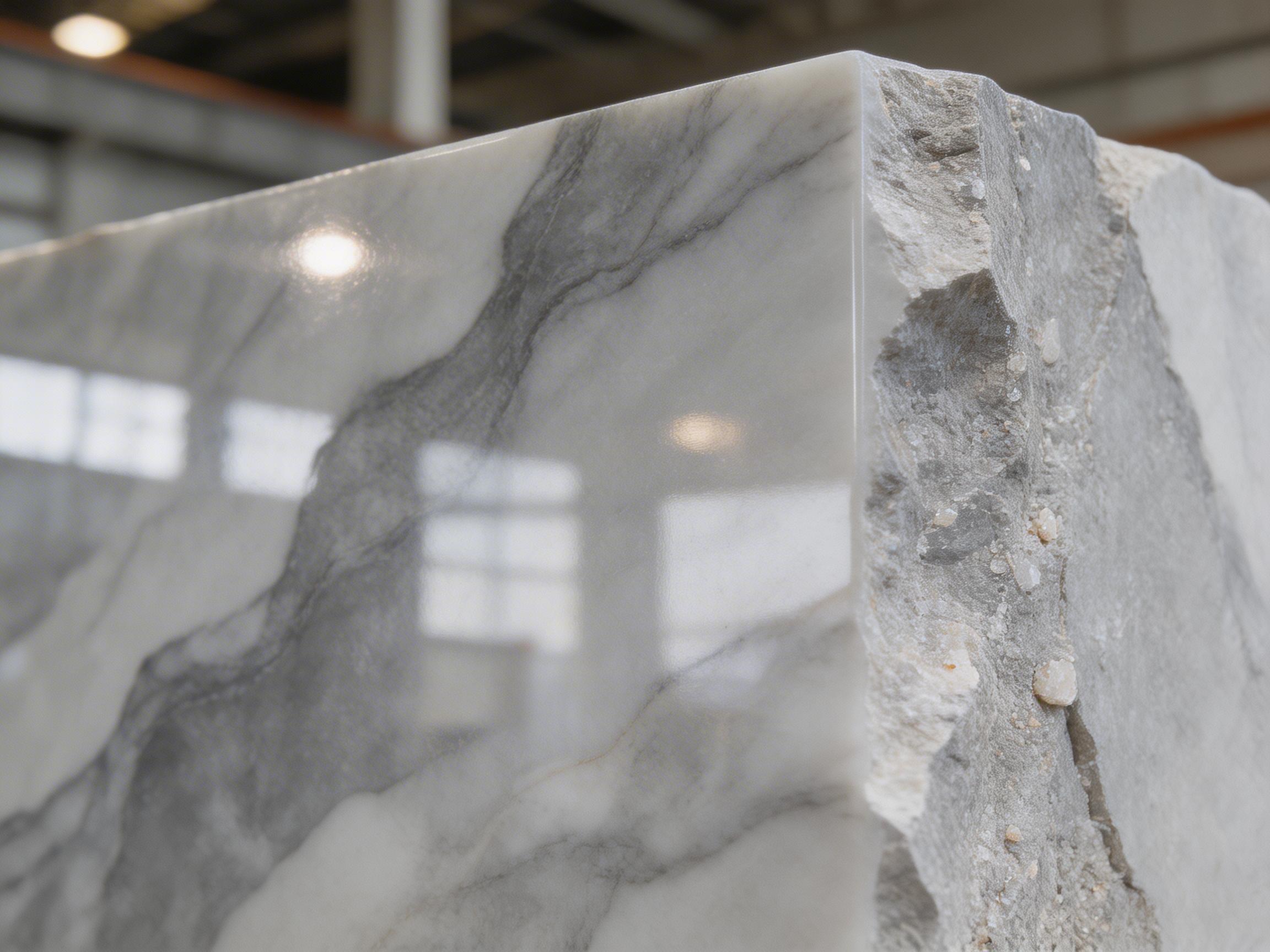 图中展示了一块巨大的大理石石材特写，呈现出工业加工与原始质感的强烈对比。画面左侧是大理石经过精细抛光的正面，表面平滑如镜，灰白相间的天然纹理犹如水墨般晕染开来，清晰地反射出室内工厂的灯光和窗户轮廓。画面右侧则是石材未经打磨的侧缘，质地粗糙且凹凸不平，呈现出灰色的岩石原色，边缘处甚至能看到细小的碎石颗粒。构图上采用了斜角透视，强调了石材的厚重感。背景是模糊的工厂车间环境，色调偏冷。在 AI 生成的细节方面，存在明显的透视和逻辑异常：抛光面反射出的窗户形状显得扭曲且不规则，与环境光线不完全匹配；此外，石材右上角的转角处，抛光面与粗糙面的交界线过于笔直且锐利，缺乏真实的物理过渡，显得有些生硬。