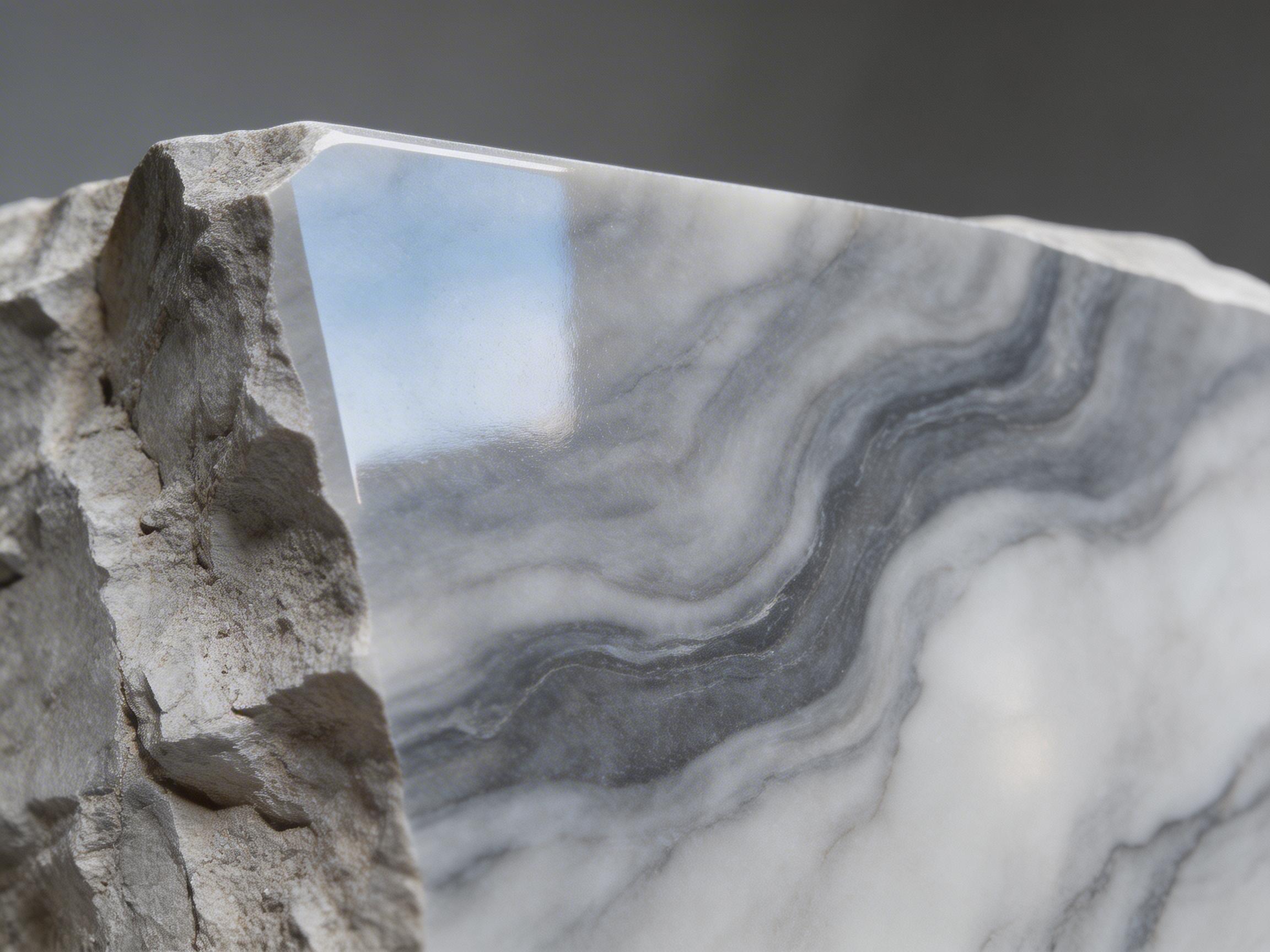 图中展示了一块巨大的大理石原石特写，呈现出粗犷与细腻的强烈对比。画面左侧是未经打磨的岩石侧面，质地干燥、粗糙，呈现出浅灰色的颗粒感和不规则的破碎棱角。画面主体则是经过精细抛光的大理石平面，表面光滑如镜，带有流动的深灰色和浅灰色纹理，宛如水墨画般蜿蜒。抛光面上反射出明亮的冷色调光影，似乎映照着窗户或天空的轮廓。背景为模糊的深灰色，使读者的视觉中心集中在石材的质感上。在 AI 生成的细节方面，存在一定的透视和逻辑异常：抛光面的左上角边缘过于锋利且笔直，与左侧粗糙岩石的连接处显得有些生硬，缺乏自然的过渡缝隙。此外，抛光面上的反光形状略显扭曲，与大理石平面的物理平整度不完全匹配。