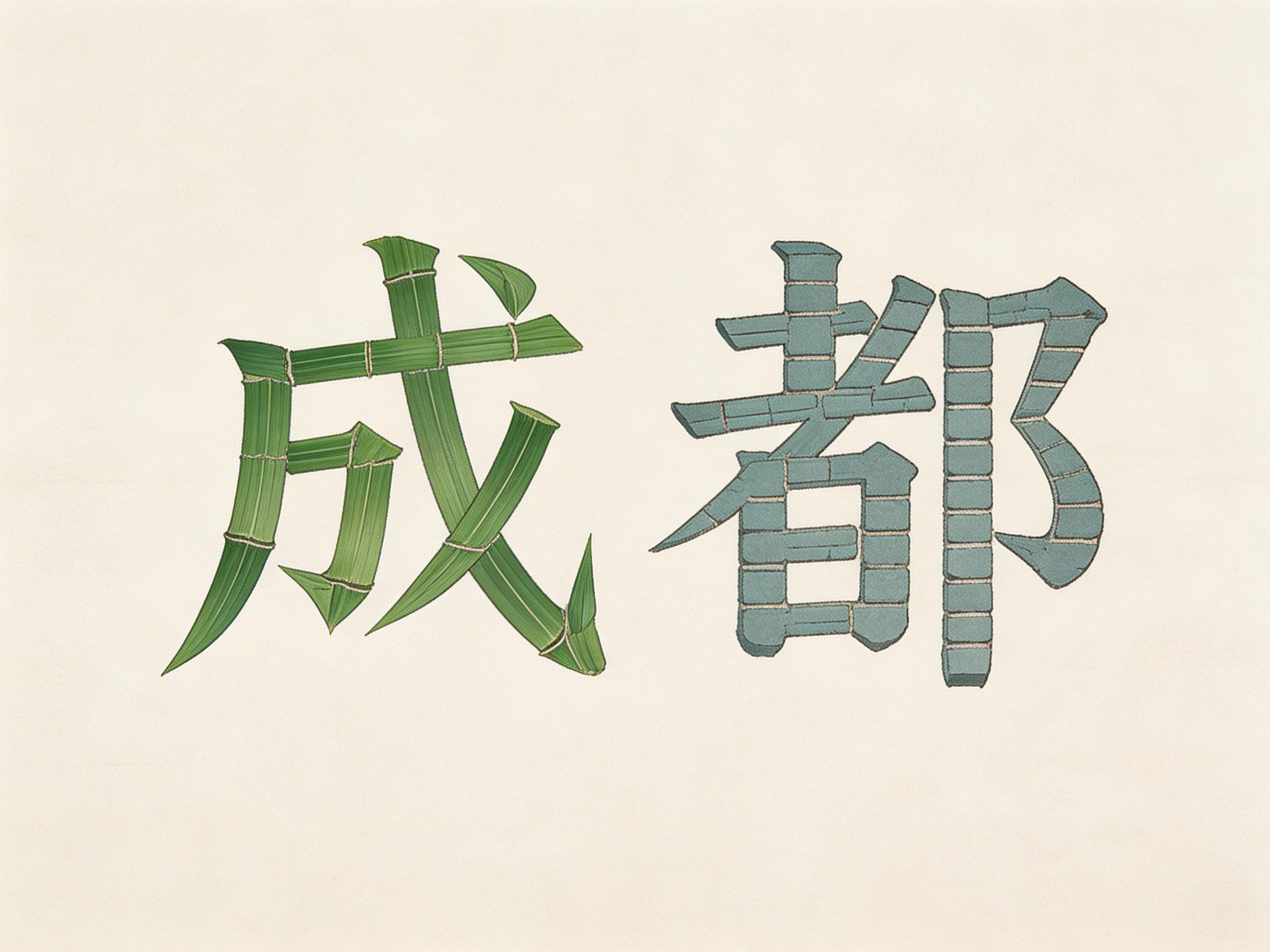 图中展示了在米白色背景中央并排排列的两个汉字“成都”。这两个字采用了独特的创意材质填充：“成”字由鲜绿色的竹叶和竹节拼接而成，纹理清晰，展现出植物的生机；“都”字则由青灰色的砖块堆砌而成，呈现出古朴的城墙质感。整体构图简洁，色彩对比鲜明，寓意着成都这座城市自然与人文的结合。在 AI 生成的细节方面，存在明显的逻辑缺陷：“成”字的笔画结构并不完整，左侧的撇画和右侧的斜钩在交汇处显得破碎，且竹叶的生长方向与汉字笔势融合得较为生硬；“都”字的砖块排列虽然整齐，但右侧“阝”部的转折处砖块形状发生了扭曲，不符合真实的物理堆砌逻辑，文字边缘也略显锯齿感。