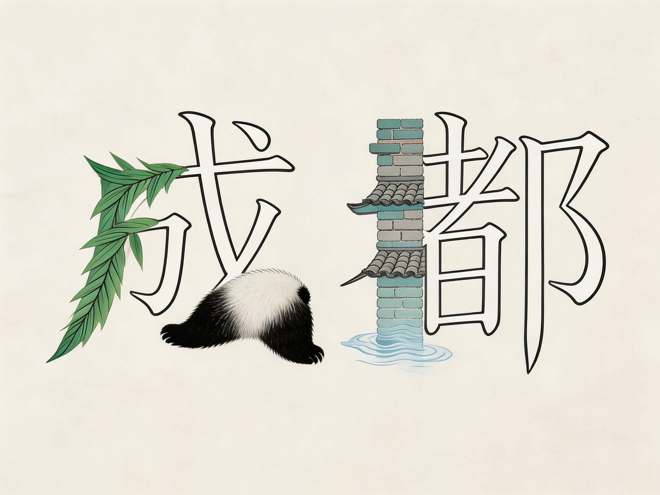 图中展示了一幅将文字与插画元素结合的创意设计，背景为干净的米白色。画面中心是两个巨大的黑白勾边汉字“成都”。左侧的“成”字巧妙地融入了成都特色：撇画被替换成了一枝翠绿的竹叶，字体的右下角则趴着一只黑白相间的大熊猫背影，毛发质感清晰。右侧的“都”字中，左半部分的“者”被设计成了一座青砖灰瓦的古塔，塔基处还有淡蓝色的水波纹。整体色调清新，具有浓郁的地域文化气息。在 AI 生成的细节方面，存在明显的逻辑缺陷：大熊猫的身体结构不完整，看起来像是一个没有头部的毛绒团块，且爪部与字体的结合处略显生硬；右侧古塔的瓦片层级与汉字笔画的穿插关系不够自然，水波纹的线条也显得较为简单，缺乏真实的透视感。