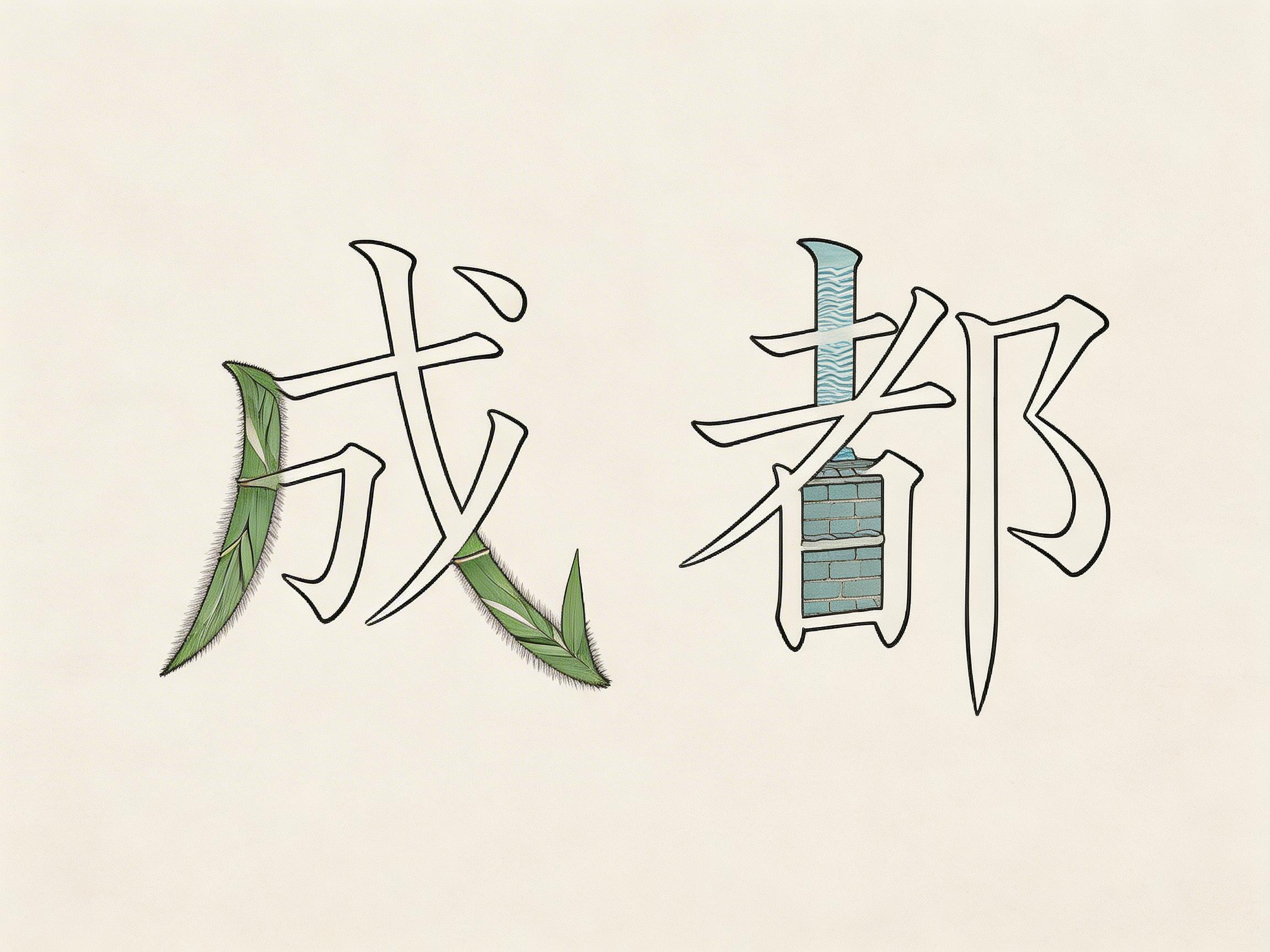 图中展示了在米白色背景中央，以创意书法形式呈现的“成都”两个汉字。这两个字采用了黑色的细轮廓勾勒，内部巧妙地融合了自然与建筑元素。“成”字的左侧撇画和右侧钩画被替换成了翠绿色的竹叶，叶片纹理清晰，边缘带有细小的绒毛感，象征着成都的熊猫文化与自然气息。“都”字的左半部分则融入了青砖墙和流水的意象，上半部呈现出淡蓝色的水波纹，下半部则是整齐堆叠的青灰色砖块。整体构图简洁大方，具有浓郁的文化创意风格。在 AI 生成的细节方面，存在一些明显的逻辑缺陷：“成”字的笔画结构并不完整，中间的横折钩部分与竹叶的连接显得生硬且不符合汉字书写逻辑；“都”字的右半部分“阝”旁线条过于纤细且末端尖锐，与左侧厚重的建筑元素在视觉比例上失衡，且内部的填充元素边缘与轮廓线未能完美契合。