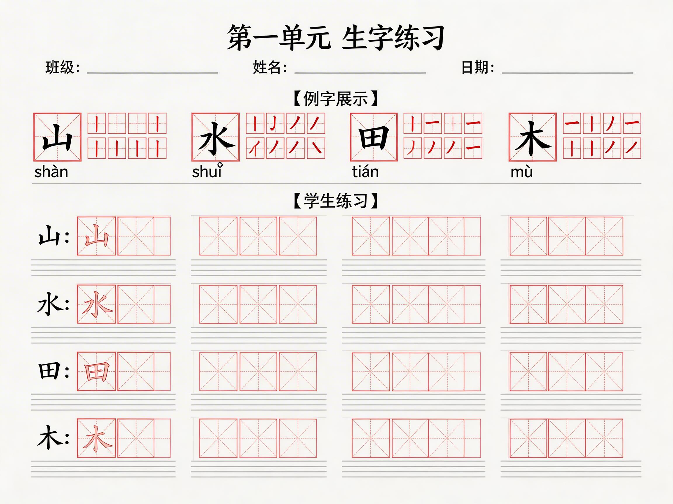 画面中展示了一张模仿中文生字练习帖的作业纸。背景为米白色，顶部印有“第一单元 生字练习”的标题，下方设有班级、姓名和日期的填空横线。页面分为“例字展示”和“学生练习”两个区域。展示区列出了“山、水、田、木”四个汉字，每个字配有拼音和笔顺拆解。练习区则为这四个字提供了红色的田字格和临摹虚线。

这张图片存在明显的 AI 生成缺陷：首先，文字逻辑混乱，“例字展示”部分的笔顺拆解完全错误，例如“山”字的拆解框内全是重复的竖线，“水”和“田”的拆解则变成了杂乱的笔画符号，不符合实际书写顺序。其次，拼音标注有误，“水”字的声调符号位置异常。此外，部分田字格的线条重叠、断裂，且下方的横线练习区排列不均匀。整体来看，虽然构图模仿了教学资料，但具体教学内容是错误且不可用的。