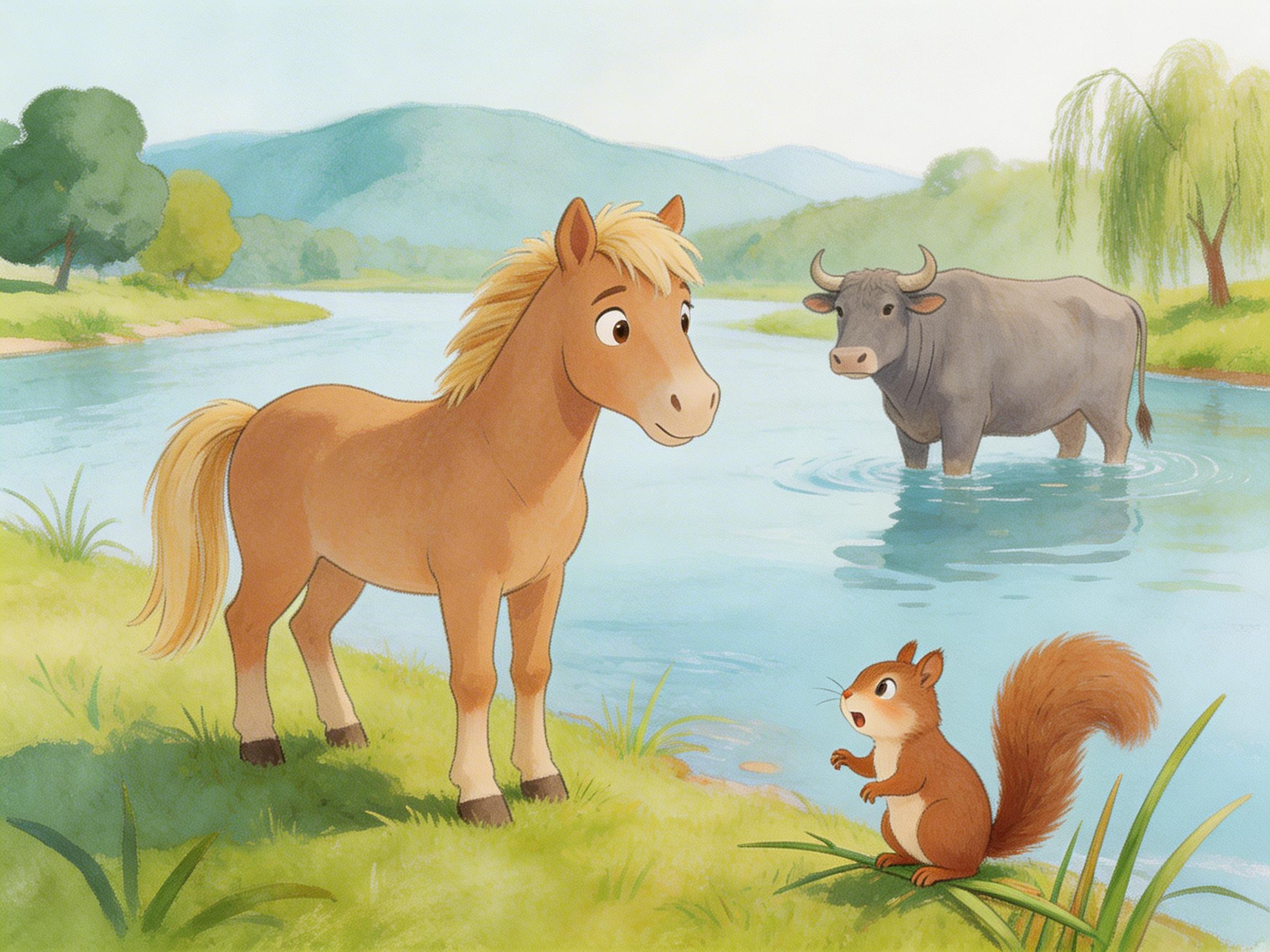 图中展现了一幅温馨的绘本风格插画，描绘了小马过河的经典寓言场景。画面中心是一匹浅棕色的小马，它正站在青草葱郁的岸边，神情略显犹豫地望向前方。在它右侧的草地上，一只红棕色的小松鼠正焦急地站立着，张开小嘴，似乎在劝阻小马。背景中，一条清澈的蓝色河流横贯画面，河中心站着一头体型健壮、神情淡定的灰色水牛。远方是连绵的淡蓝色山峦和翠绿的树木，色调柔和、明亮。

在 AI 生成的细节方面，存在一些明显的逻辑与结构缺陷：首先，小马的四肢比例略显僵硬，尤其是后腿与身体的连接处不够自然；其次，水牛站在河水中，但水面几乎没有产生应有的波纹或倒影，且水牛的后腿线条在水下显得模糊且不连贯；最明显的错误在于右下角的小松鼠，它的一只后脚悬空踩在细长的草叶上，却没有任何重力感，草叶也没有弯曲，显得像是漂浮在空中。此外，背景树木的笔触略显杂乱，缺乏真实的透视深度。