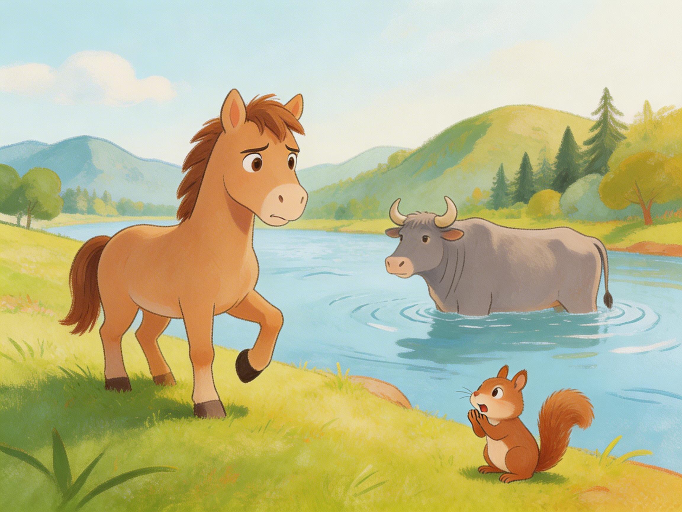 图中展现了一幅温馨的卡通绘本风格画面，描绘了经典寓言故事《小马过河》的场景。画面左侧是一匹浅棕色的小马，它正站在青草地上，神情显得犹豫而困惑，一只前蹄微微抬起，似乎在询问河水的深度。河中心站着一头体型健壮、灰色的老牛，它神态淡定，水面仅没过它的腿部；右下角草地上则有一只棕色的小松鼠，它双手交叠在胸前，表情惊恐，正仰头对着小马大声劝阻。背景是清澈的河流、连绵的淡绿色山峦和几棵松树，色调明亮柔和。在 AI 生成的细节方面，存在一些明显的逻辑缺陷：小马抬起的那只前蹄形状略显生硬，蹄部结构不够自然；老牛在水中的倒影与水波纹路衔接得不够真实，且老牛的一只角与耳朵的连接处略显模糊；此外，松鼠的爪子线条有些杂乱，缺乏清晰的指爪结构。