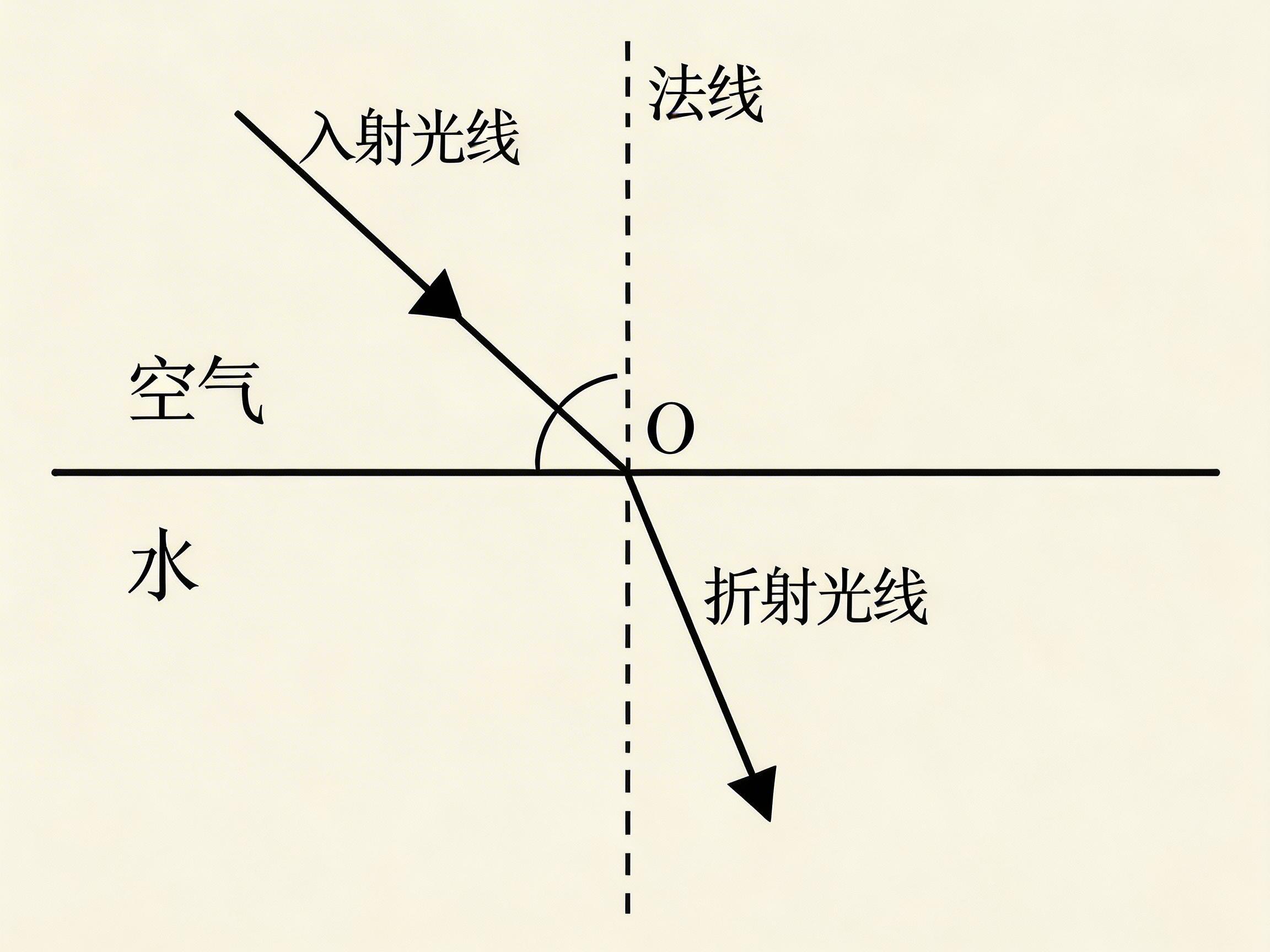 画面中展示了一张关于光折射原理的物理示意图。背景为纯白色，线条和文字均为黑色。图中央有一条水平实线代表介质界面，上方标注为“空气”，下方标注为“水”。一条垂直的虚线穿过界面，标注为“法线”。左上方有一条带箭头的实线斜向下射向交点O，标注为“入射光线”，它与法线的夹角标注为“i = 入射角”。右下方有一条从交点O射出的带箭头实线，标注为“折射光线”，它与法线的夹角标注为“r = 折射角”。

图中存在明显的 AI 生成缺陷：首先，文字排版显得拥挤且不规范，部分文字如“入射角”和“折射角”与数学符号的间距不一；其次，最严重的物理逻辑错误在于，光从空气斜射入水中时，折射角应小于入射角（向法线偏折），但画面中显示的折射角明显大于入射角，这违背了折射定律。此外，线条的末端和箭头处存在轻微的笔画重叠和毛刺感。